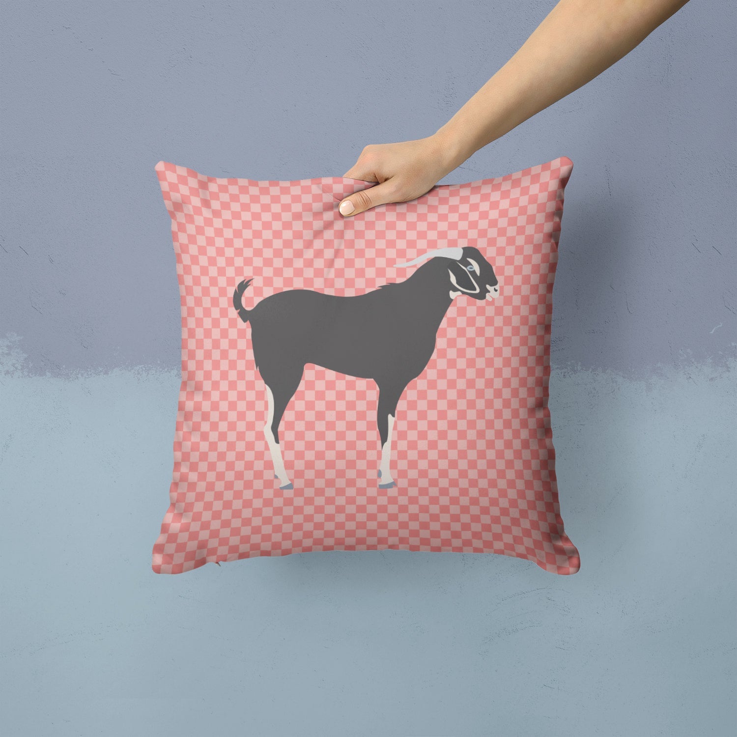 Black Bengal Goat Pink Check Decorative Throw Pillow 14x14 Indoor Outdoor Accent Cushion, Fabric Cover with Insert for Sofa, Bed, Porch & Living Room
