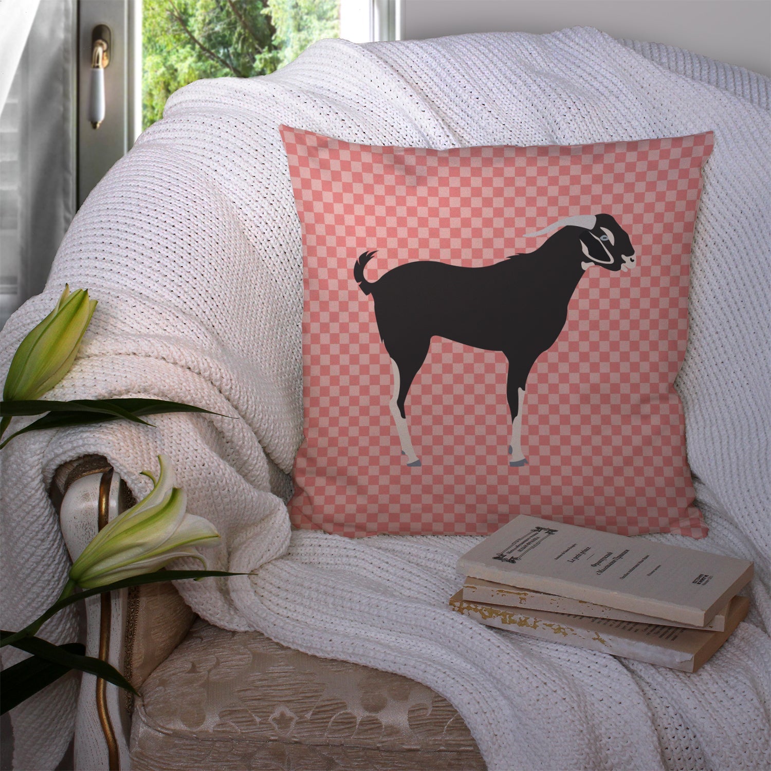 Black Bengal Goat Pink Check Decorative Throw Pillow 14x14 Indoor Outdoor Accent Cushion, Fabric Cover with Insert for Sofa, Bed, Porch & Living Room