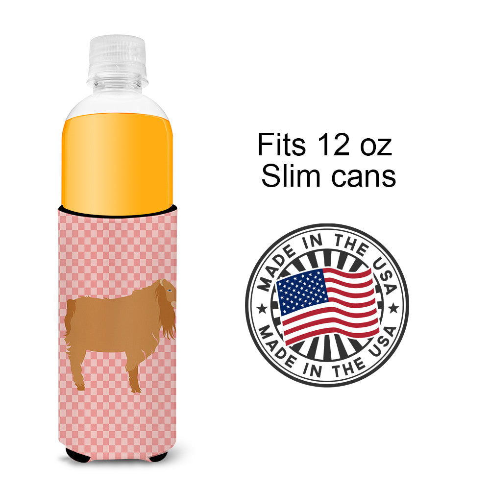 American Lamancha Goat Pink Check Slim Can Hugger , Insulated Foam Hugger for 12 oz Slim Cans, Beer Bottles & Water Bottles, Printed in USA