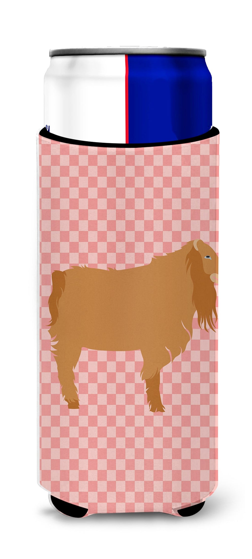 American Lamancha Goat Pink Check Slim Can Hugger , Insulated Foam Hugger for 12 oz Slim Cans, Beer Bottles & Water Bottles, Printed in USA