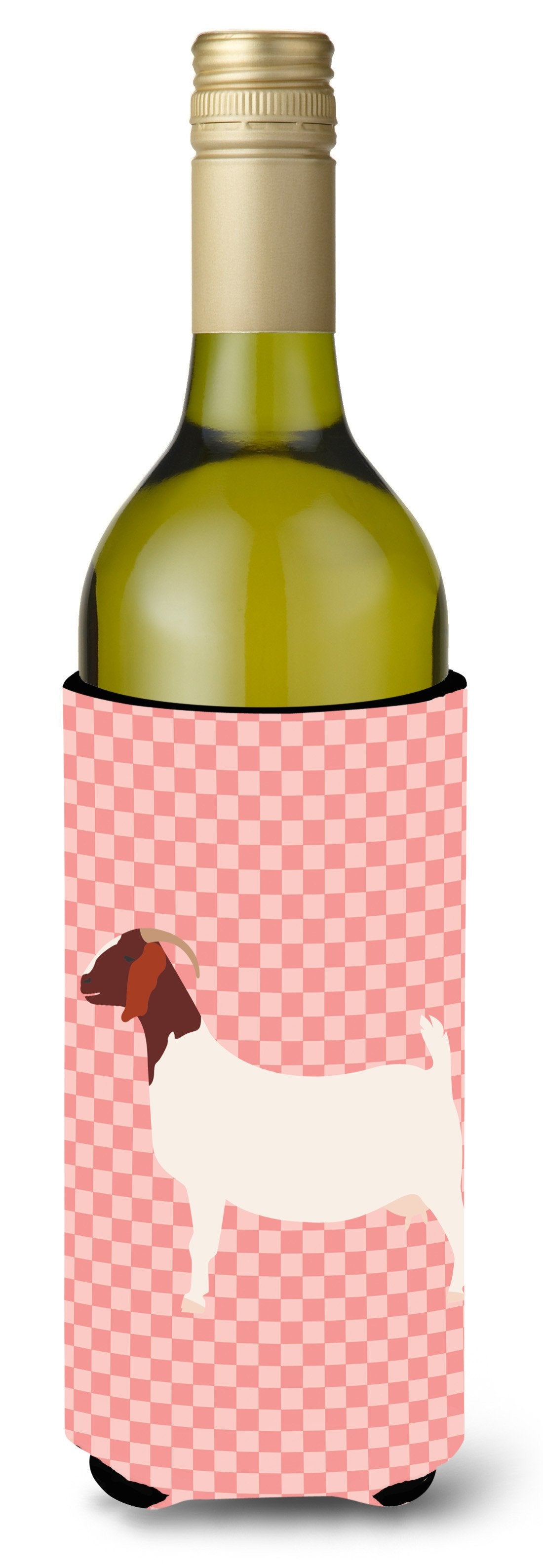 Boer Goat Pink Check Wine Bottle Hugger Gift Sleeve for Standard 750 ml Bottles, Insulated Reusable Also Fits Mini Shot & Pint Bottles