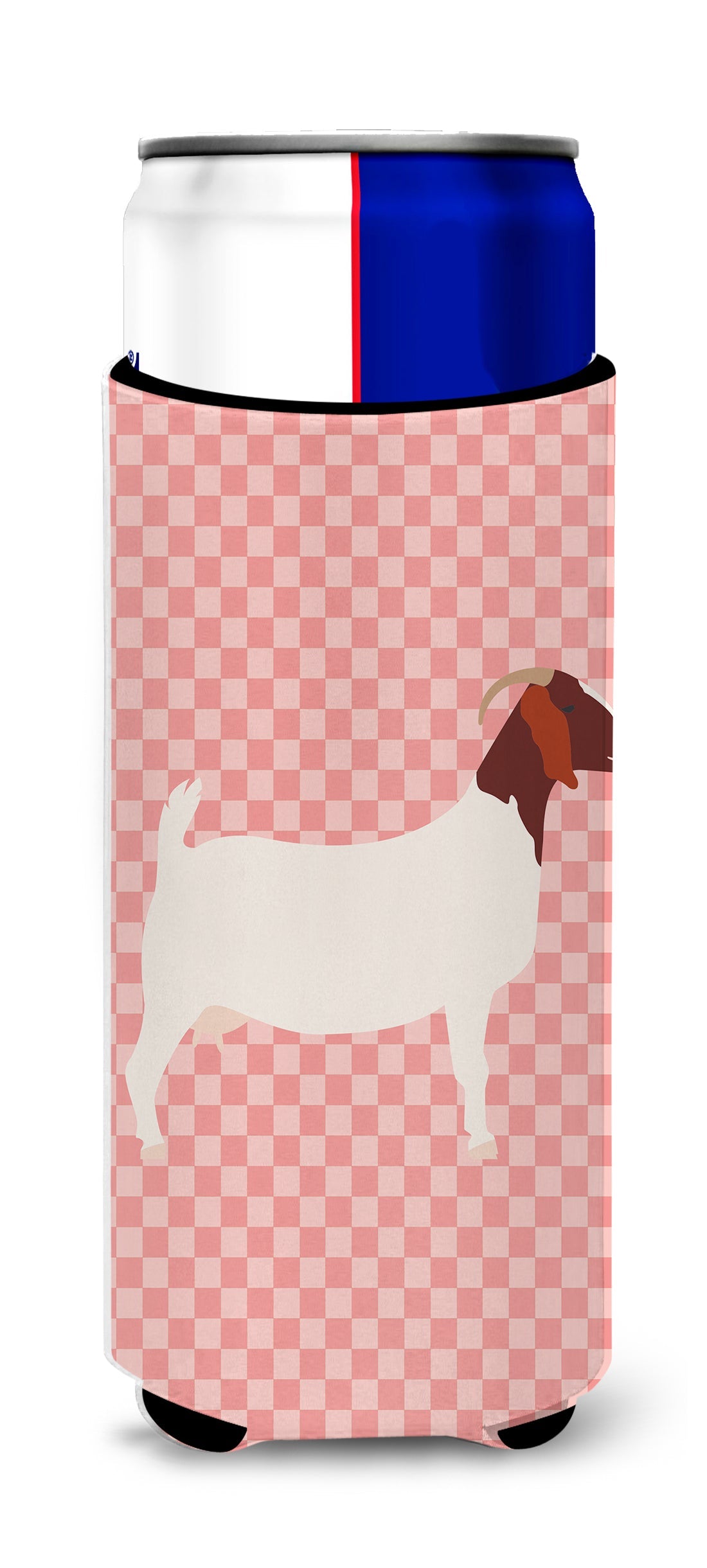 Boer Goat Pink Check Slim Can Hugger , Insulated Foam Hugger for 12 oz Slim Cans, Beer Bottles & Water Bottles, Printed in USA