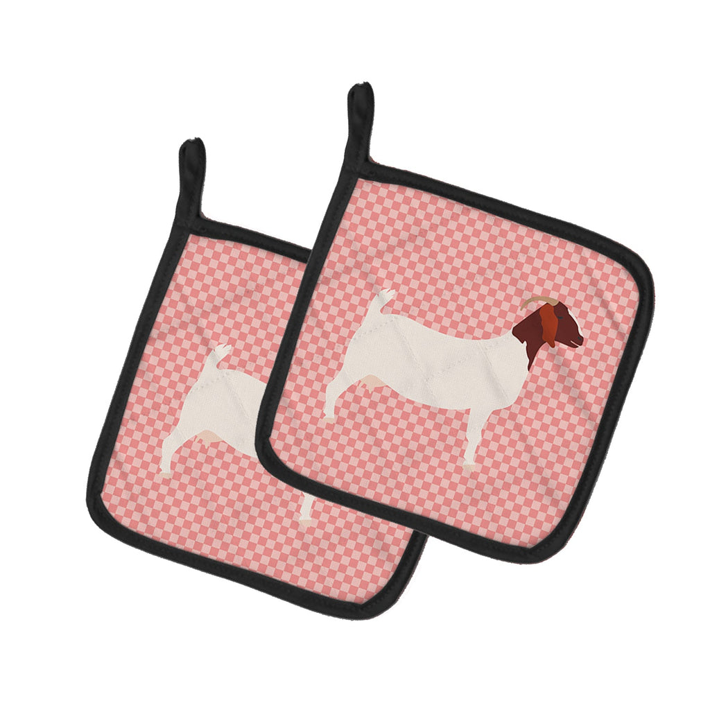 Boer Goat Pink Check Pot Holder Set of 2 Heat Resistant Quilted Hot Pads 7.5 x 7.5 Inch, Insulated Kitchen Trivets for Cooking & Baking