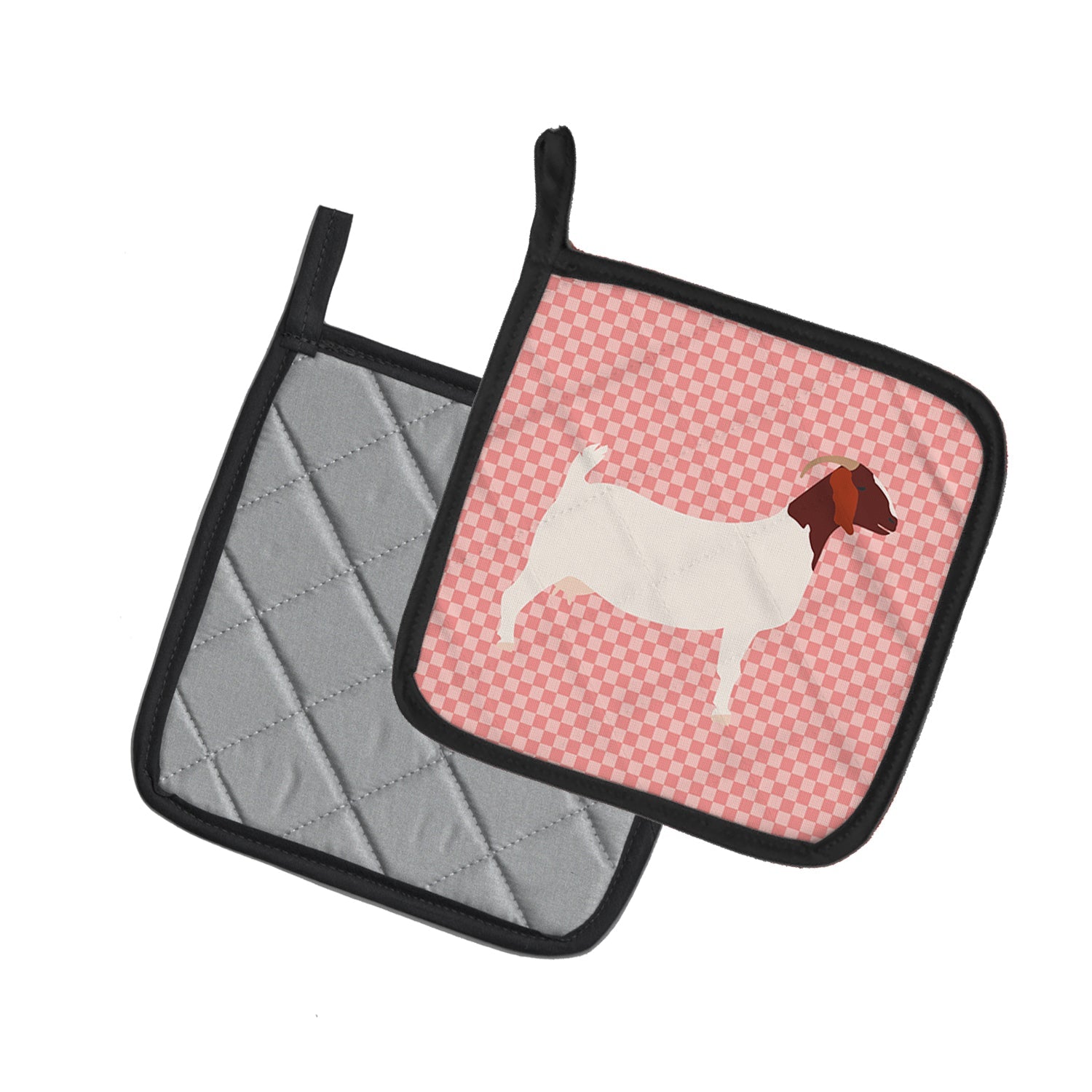 Boer Goat Pink Check Pot Holder Set of 2 Heat Resistant Quilted Hot Pads 7.5 x 7.5 Inch, Insulated Kitchen Trivets for Cooking & Baking