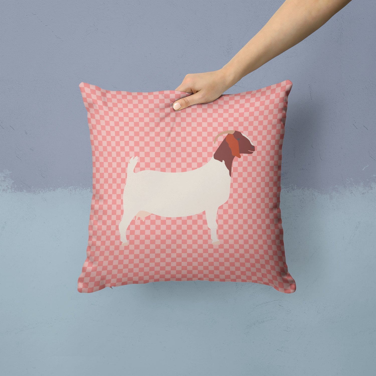 Boer Goat Pink Check Decorative Throw Pillow 14x14 Indoor Outdoor Accent Cushion, Fabric Cover with Insert for Sofa, Bed, Porch & Living Room