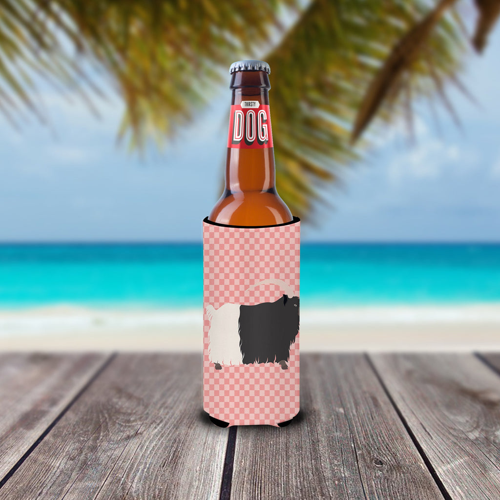 Welsh Black-Necked Goat Pink Check Slim Can Hugger , Insulated Foam Hugger for 12 oz Slim Cans, Beer Bottles & Water Bottles, Printed in USA
