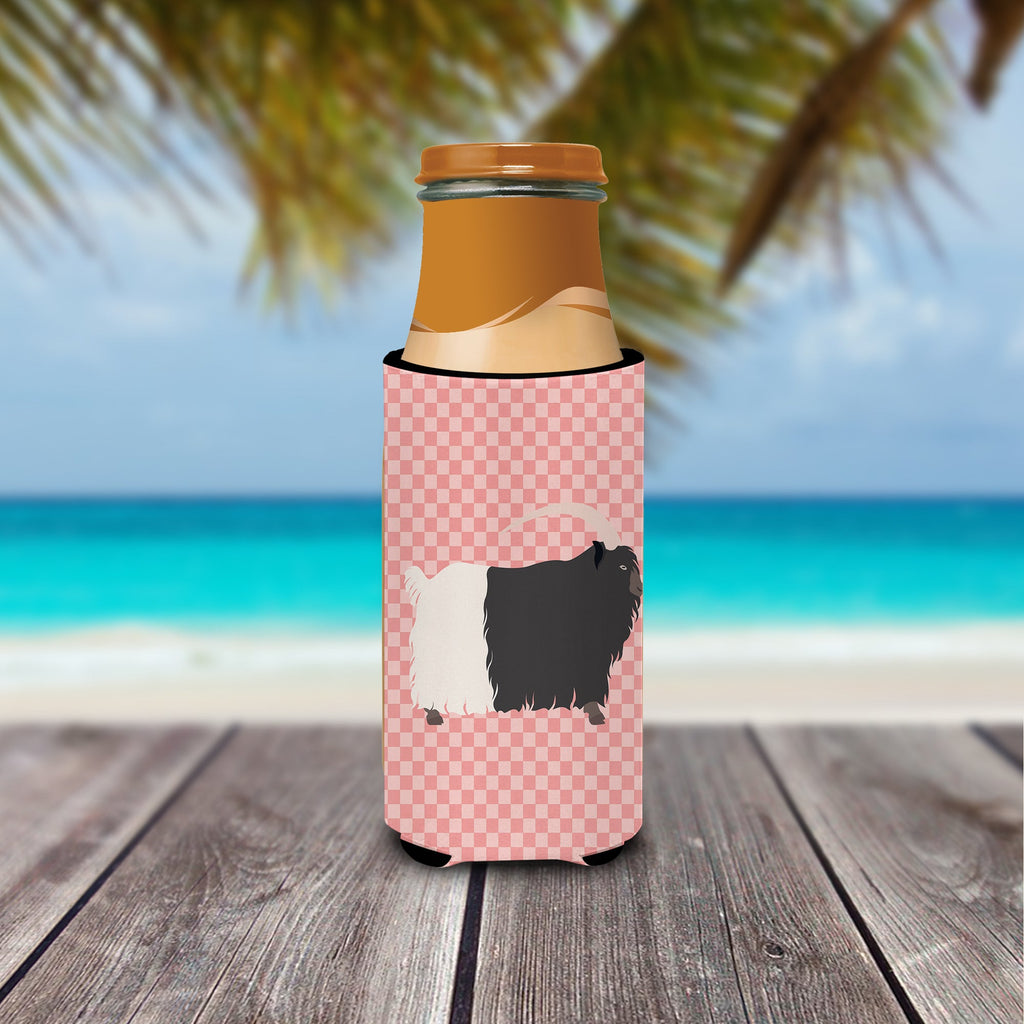 Welsh Black-Necked Goat Pink Check Slim Can Hugger , Insulated Foam Hugger for 12 oz Slim Cans, Beer Bottles & Water Bottles, Printed in USA