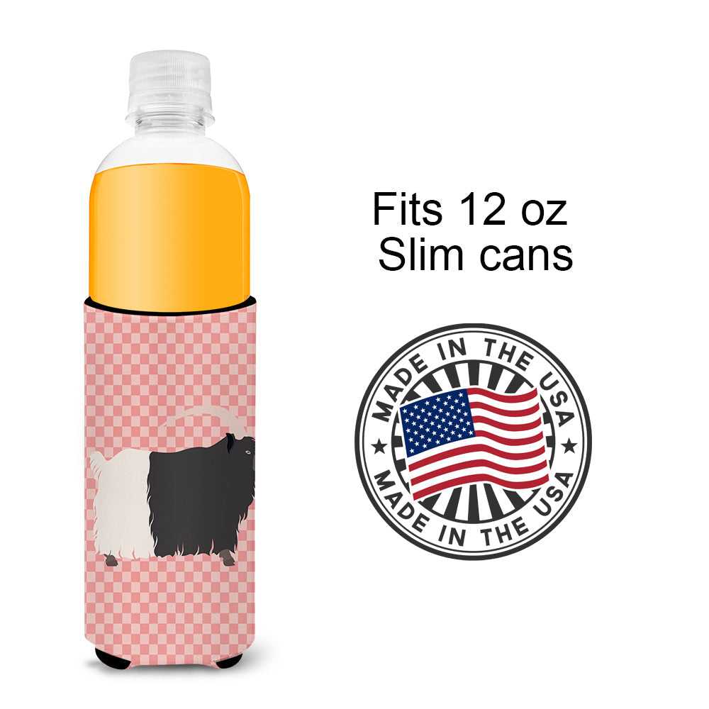 Welsh Black-Necked Goat Pink Check Slim Can Hugger , Insulated Foam Hugger for 12 oz Slim Cans, Beer Bottles & Water Bottles, Printed in USA
