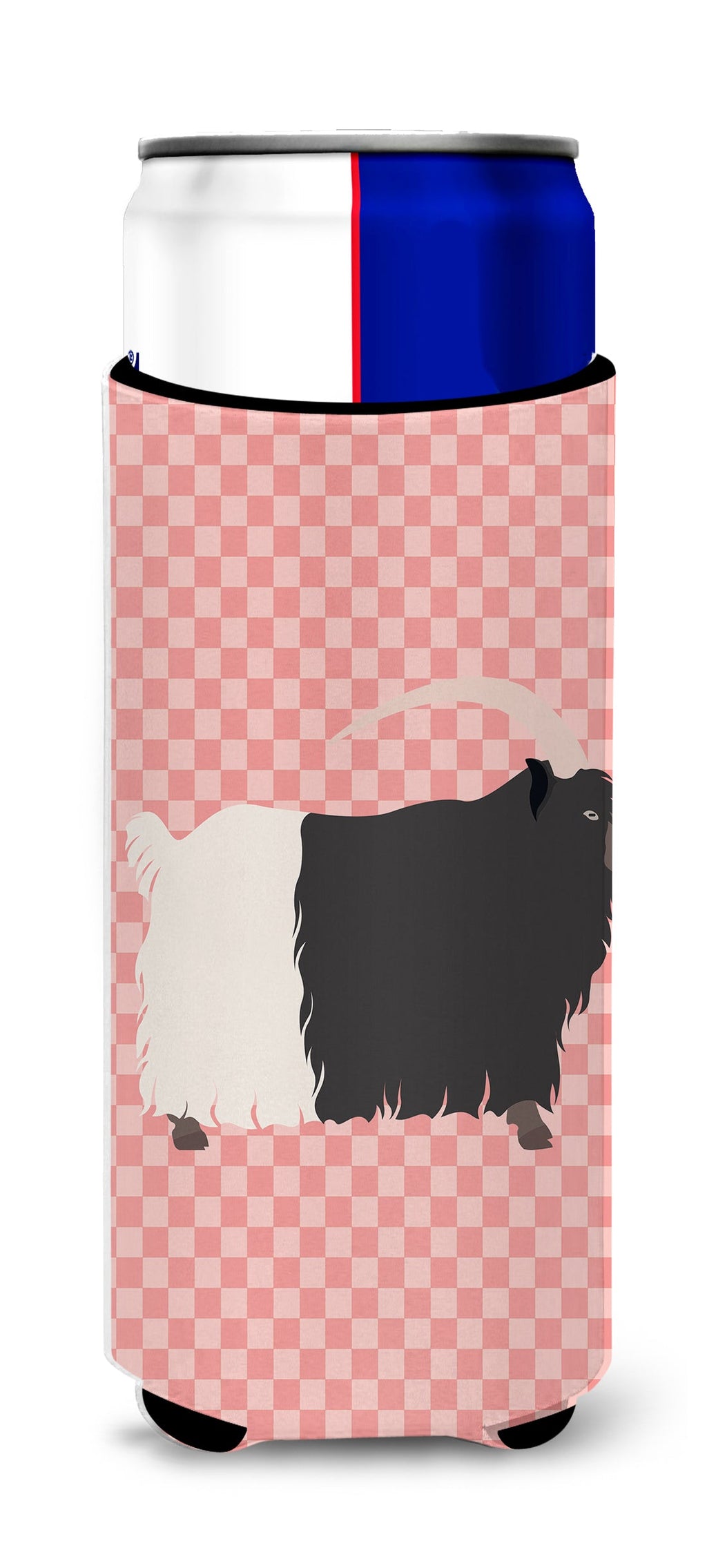 Welsh Black-Necked Goat Pink Check Slim Can Hugger , Insulated Foam Hugger for 12 oz Slim Cans, Beer Bottles & Water Bottles, Printed in USA