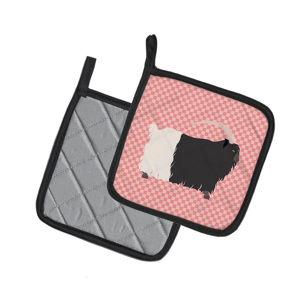 Welsh Black-Necked Goat Pink Check Pot Holder Set of 2 Heat Resistant Quilted Hot Pads 7.5 x 7.5 Inch, Insulated Kitchen Trivets for Cooking & Baking
