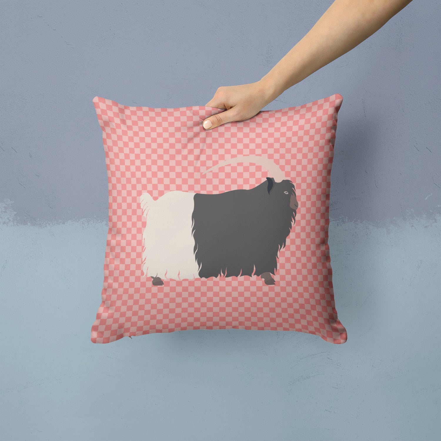 Welsh Black-Necked Goat Pink Check Decorative Throw Pillow 14x14 Indoor Outdoor Accent Cushion, Fabric Cover with Insert for Sofa, Bed, Porch & Living Room