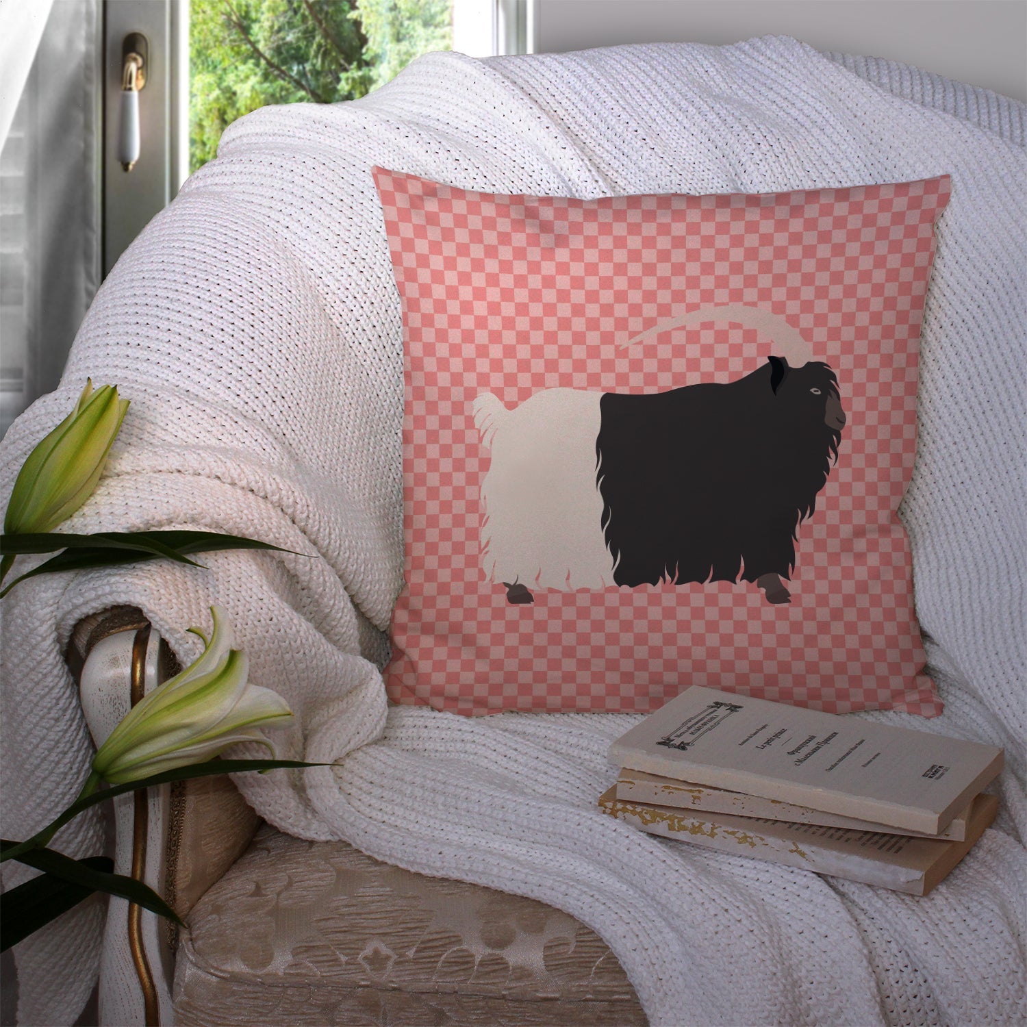 Welsh Black-Necked Goat Pink Check Decorative Throw Pillow 14x14 Indoor Outdoor Accent Cushion, Fabric Cover with Insert for Sofa, Bed, Porch & Living Room