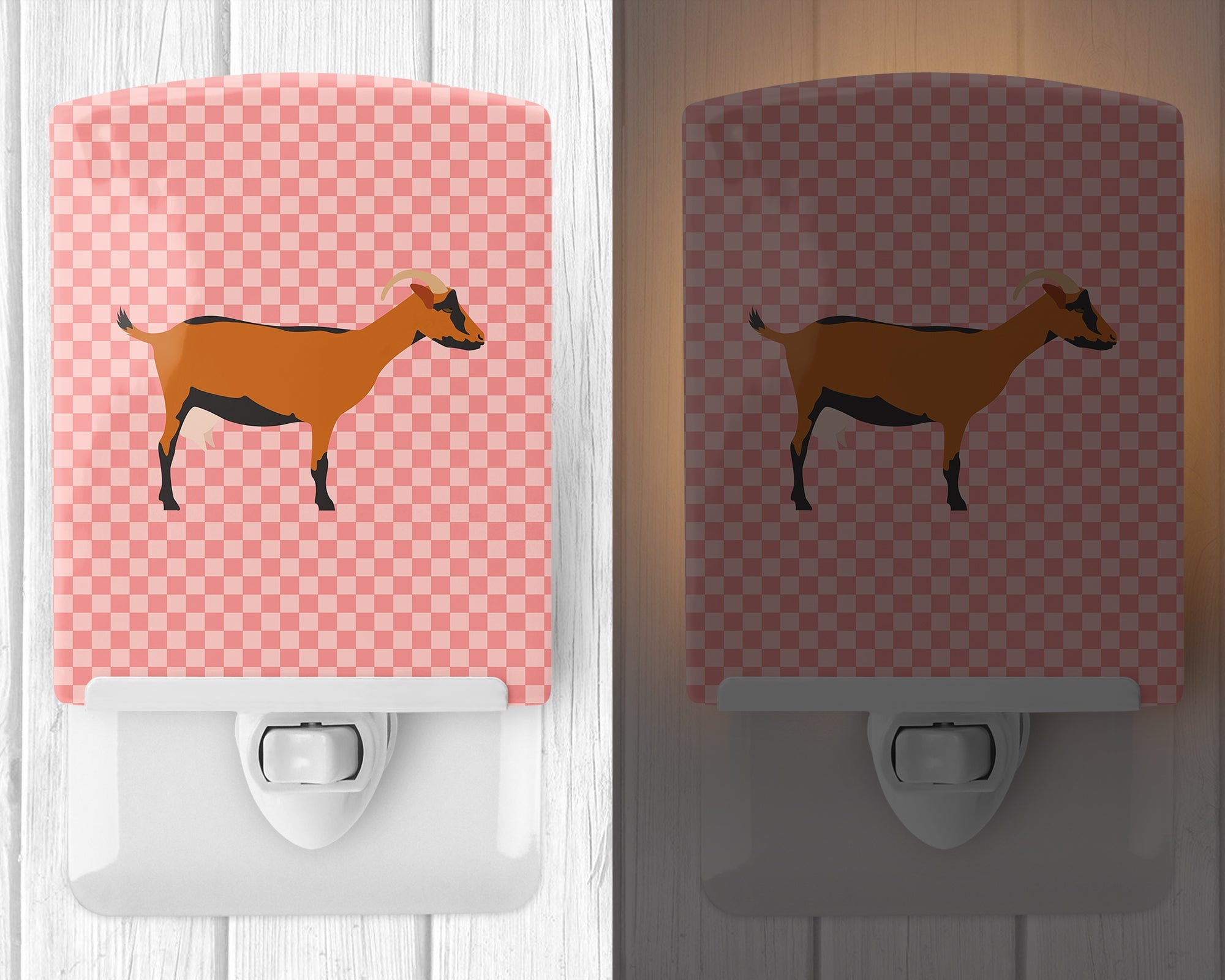 Oberhasli Goat Pink Check Ceramic Night Light Compact, UL-Certified, Ideal for Bedroom, Bathroom, Nursery, Hallway, Kitchen, 6x4x3, Multicolor