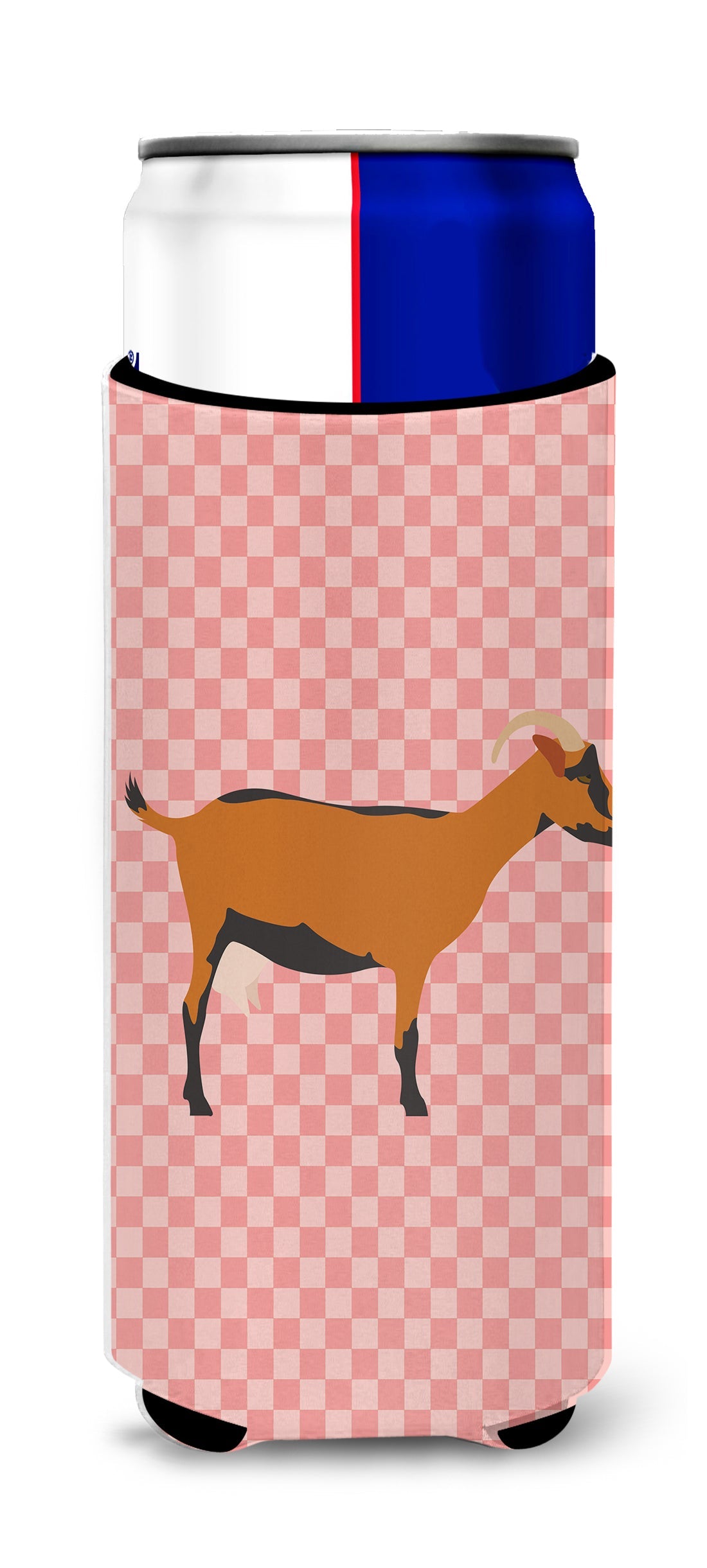Oberhasli Goat Pink Check Slim Can Hugger , Insulated Foam Hugger for 12 oz Slim Cans, Beer Bottles & Water Bottles, Printed in USA