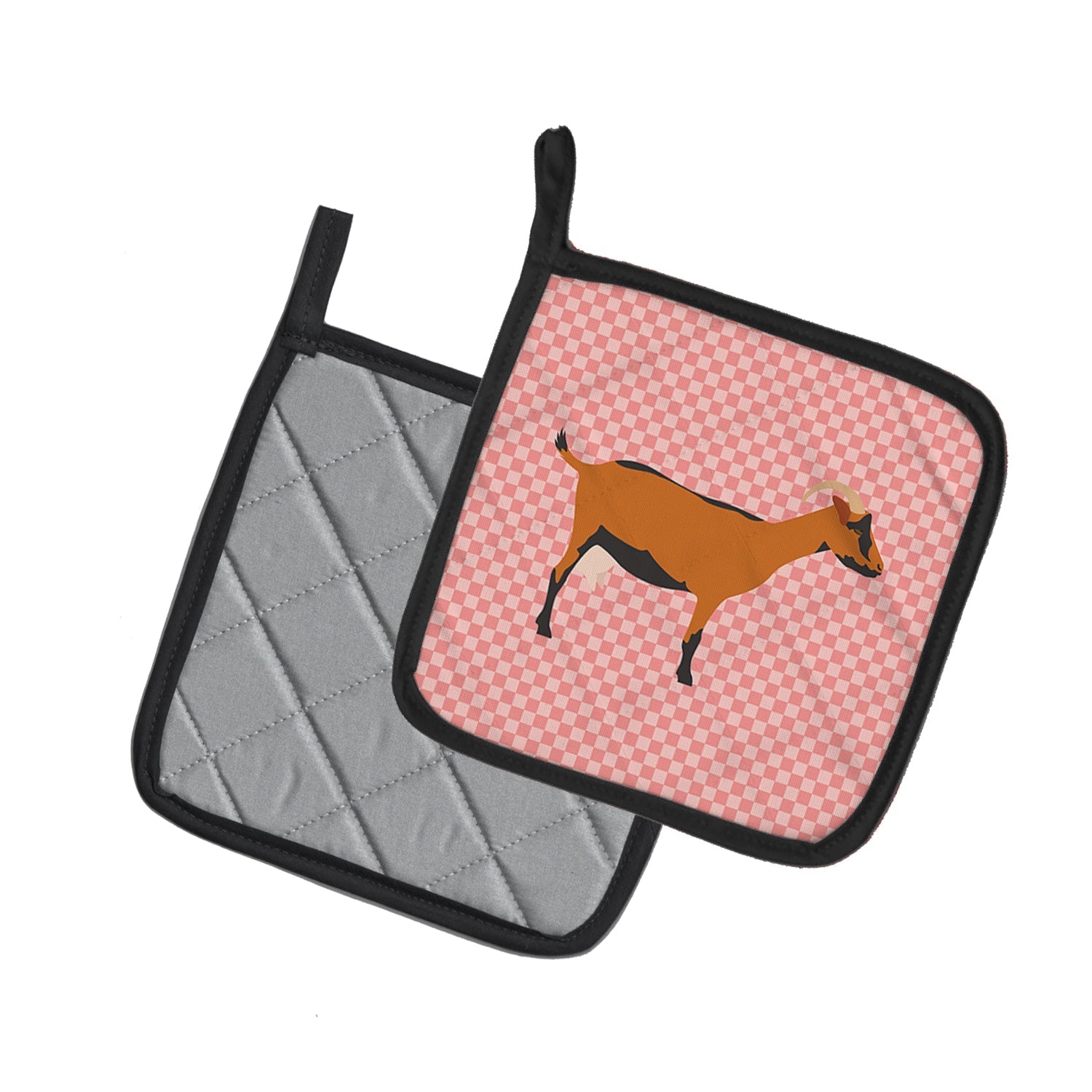 Oberhasli Goat Pink Check Pot Holder Set of 2 Heat Resistant Quilted Hot Pads 7.5 x 7.5 Inch, Insulated Kitchen Trivets for Cooking & Baking