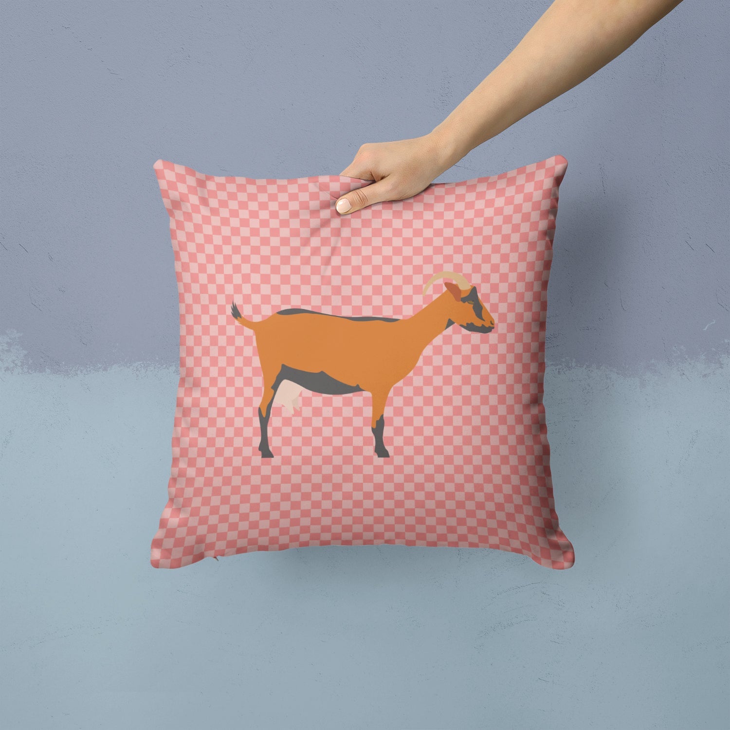 Oberhasli Goat Pink Check Decorative Throw Pillow 14x14 Indoor Outdoor Accent Cushion, Fabric Cover with Insert for Sofa, Bed, Porch & Living Room