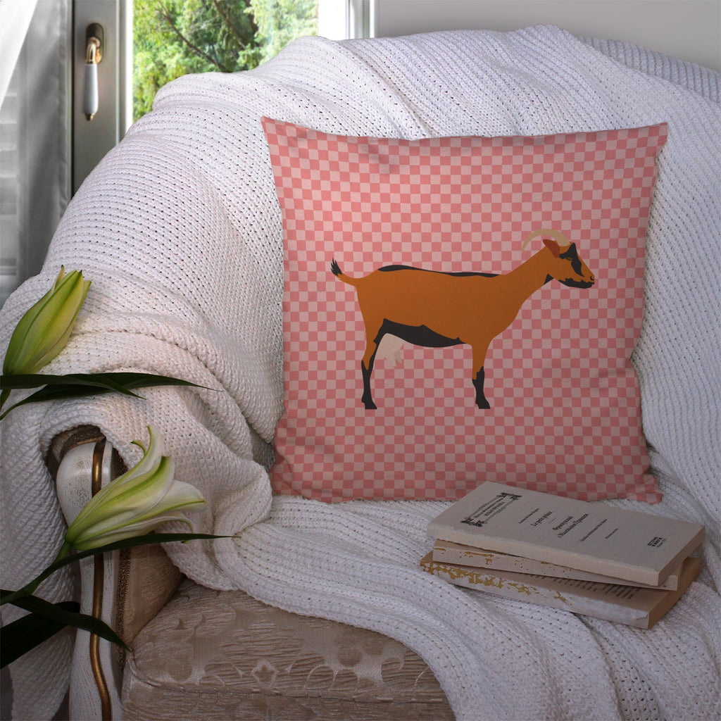 Oberhasli Goat Pink Check Decorative Throw Pillow 14x14 Indoor Outdoor Accent Cushion, Fabric Cover with Insert for Sofa, Bed, Porch & Living Room