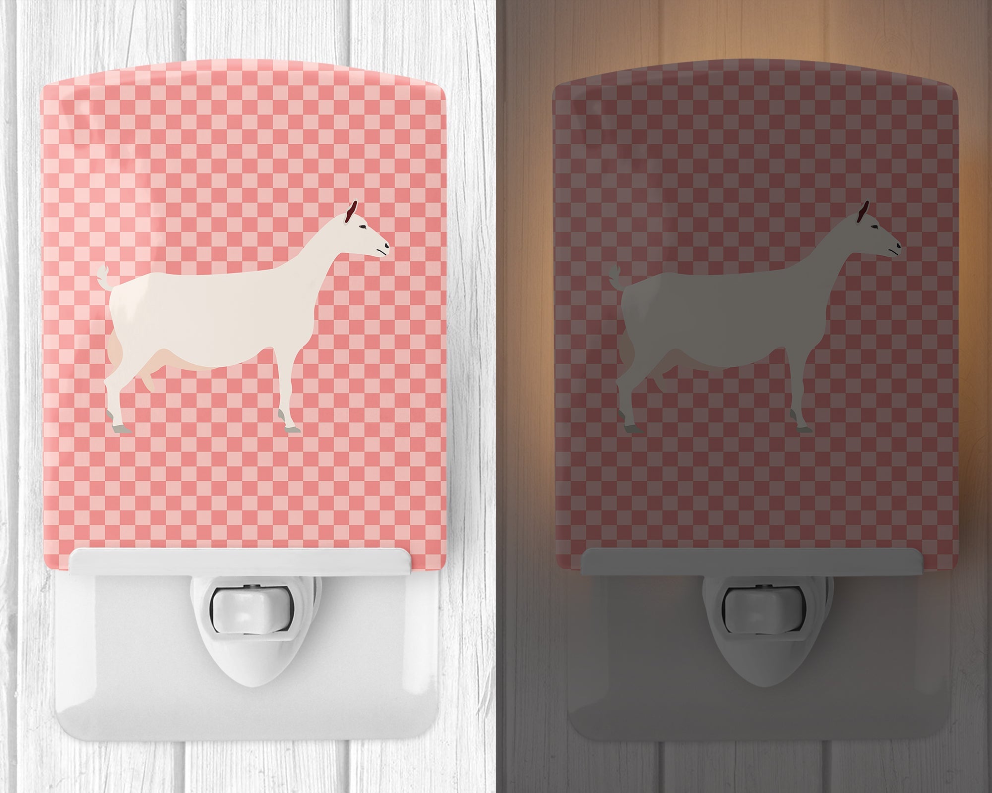 Saanen Goat Pink Check Ceramic Night Light Compact, UL-Certified, Ideal for Bedroom, Bathroom, Nursery, Hallway, Kitchen, 6x4x3, Multicolor