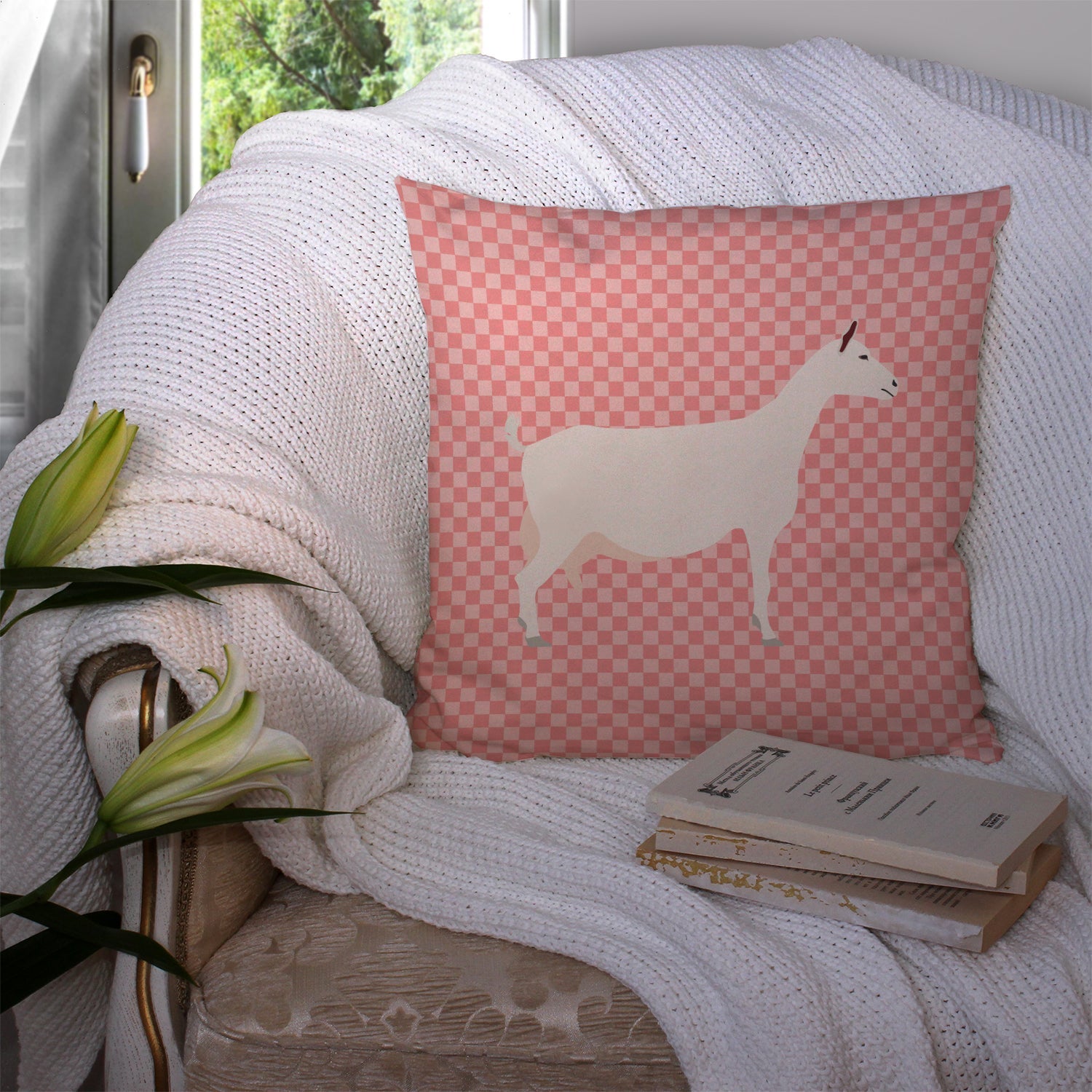 Saanen Goat Pink Check Decorative Throw Pillow 14x14 Indoor Outdoor Accent Cushion, Fabric Cover with Insert for Sofa, Bed, Porch & Living Room