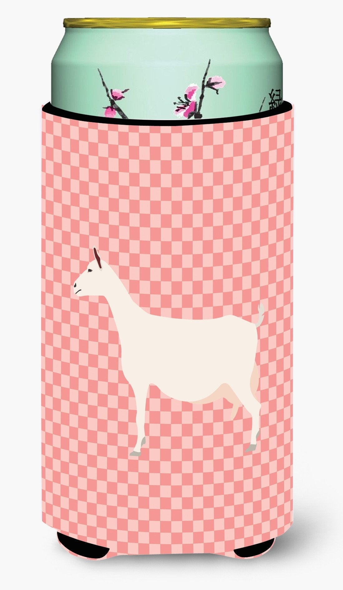 Saanen Goat Pink Check Tall Boy Hugger Can Cooler Sleeve Machine Washable Drink Collapsible Insulator Beverage Insulated Holder