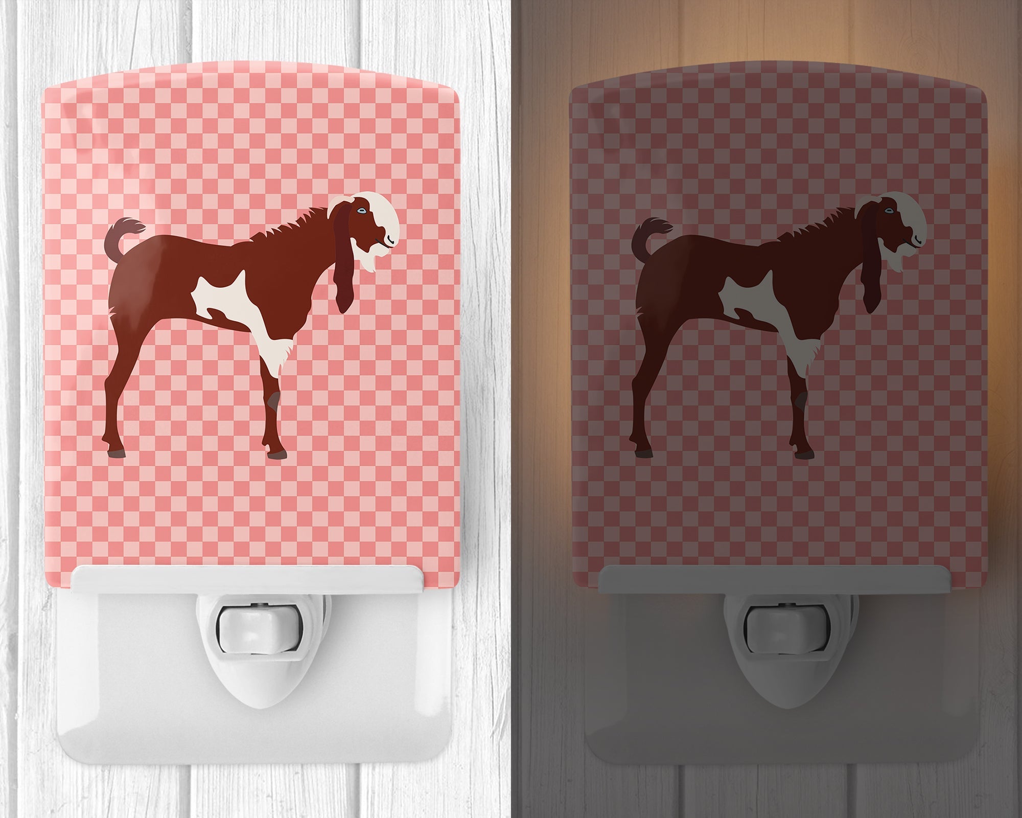 Jamnapari Goat Pink Check Ceramic Night Light Compact, UL-Certified, Ideal for Bedroom, Bathroom, Nursery, Hallway, Kitchen, 6x4x3, Multicolor