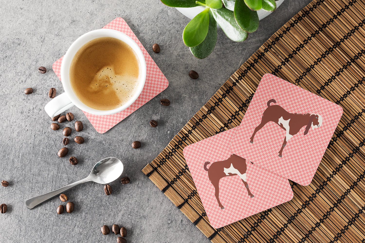 Jamnapari Goat Pink Check Foam Coasters Set of 4 Cup Coasters for Indoor Outdoor, Tabletop Protection, Anti Slip, Mouse pad Material