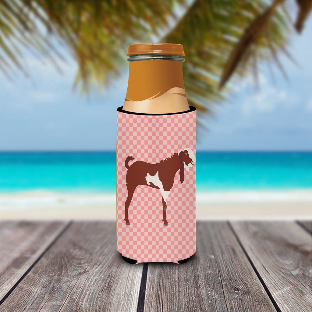 Jamnapari Goat Pink Check Slim Can Hugger , Insulated Foam Hugger for 12 oz Slim Cans, Beer Bottles & Water Bottles, Printed in USA