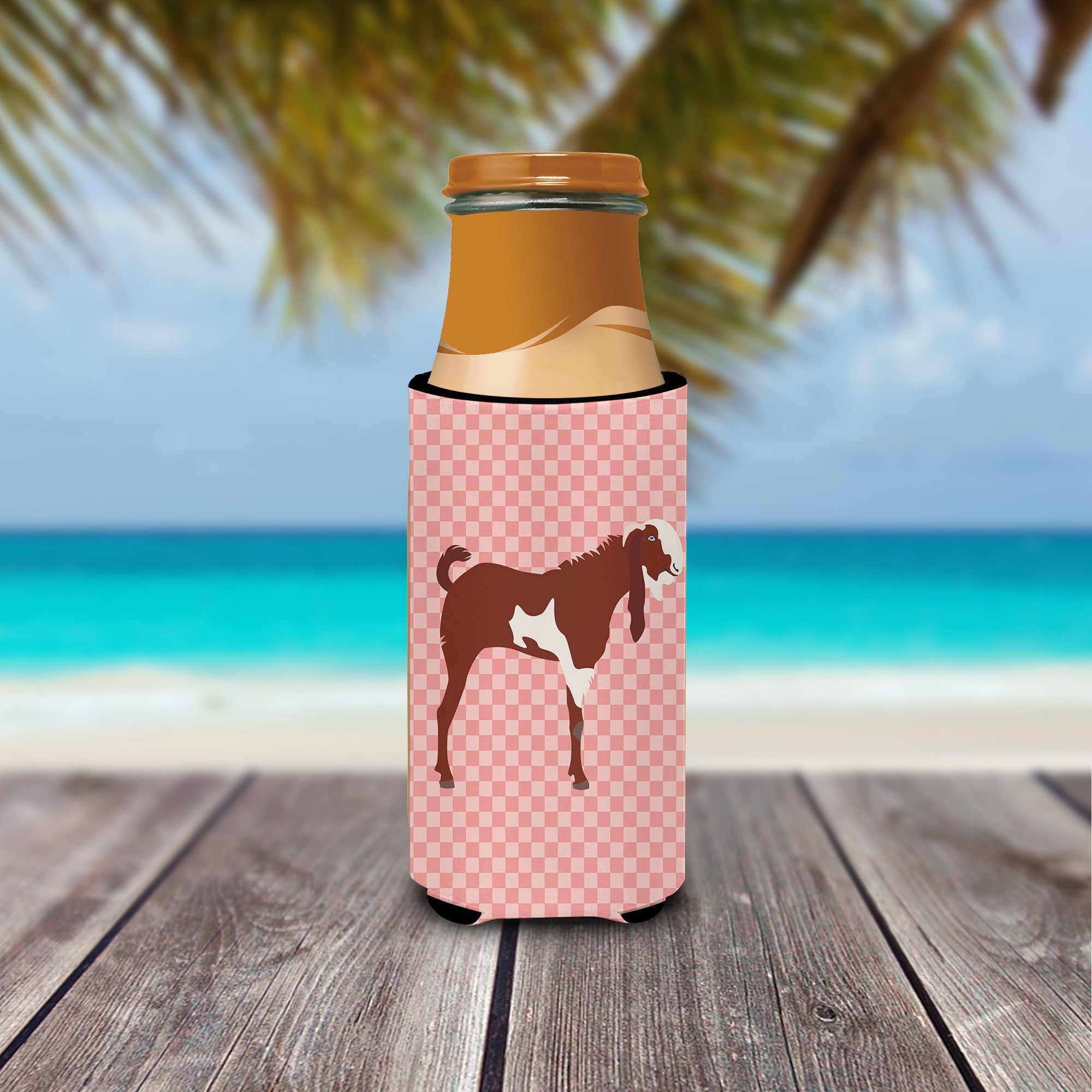 Jamnapari Goat Pink Check Slim Can Hugger , Insulated Foam Hugger for 12 oz Slim Cans, Beer Bottles & Water Bottles, Printed in USA