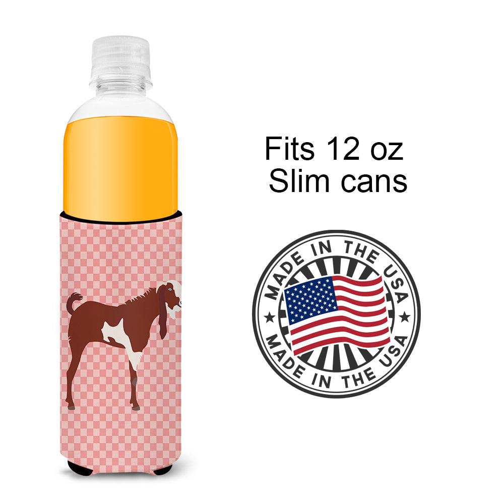 Jamnapari Goat Pink Check Slim Can Hugger , Insulated Foam Hugger for 12 oz Slim Cans, Beer Bottles & Water Bottles, Printed in USA
