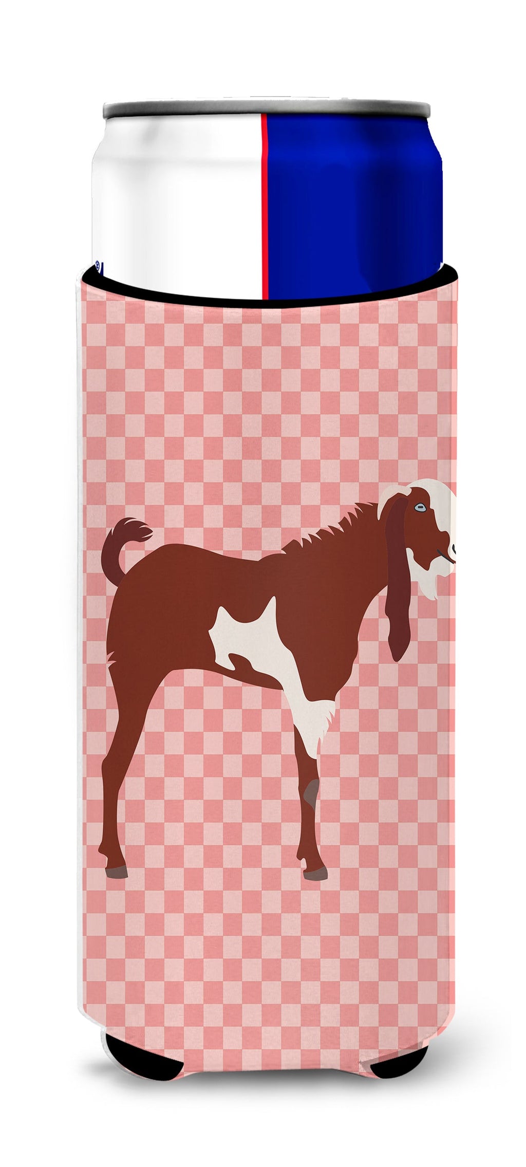 Jamnapari Goat Pink Check Slim Can Hugger , Insulated Foam Hugger for 12 oz Slim Cans, Beer Bottles & Water Bottles, Printed in USA