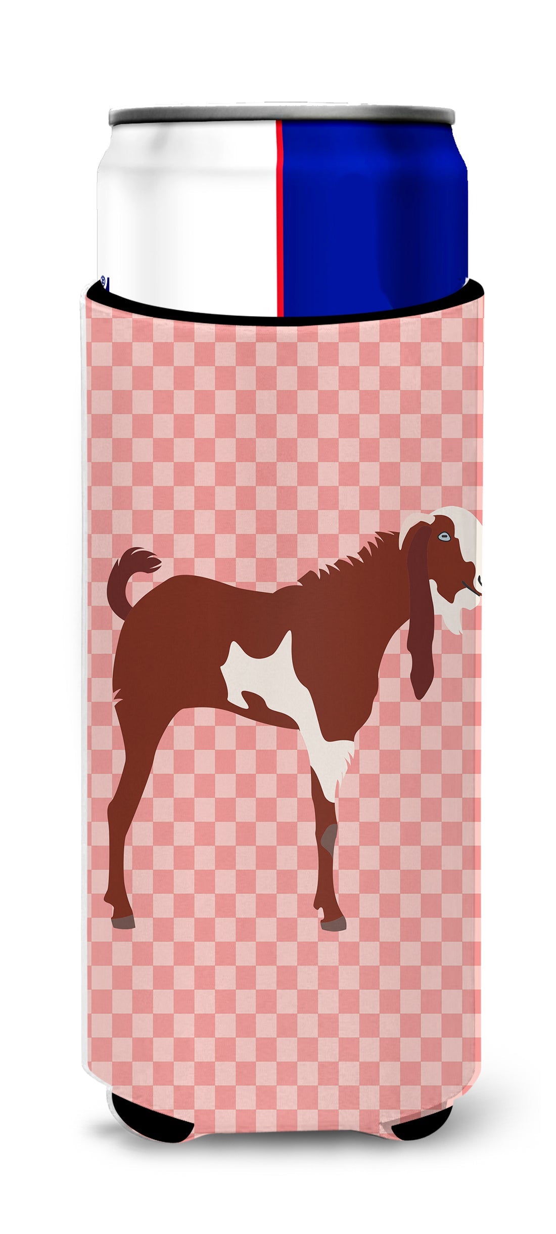Jamnapari Goat Pink Check Slim Can Hugger , Insulated Foam Hugger for 12 oz Slim Cans, Beer Bottles & Water Bottles, Printed in USA