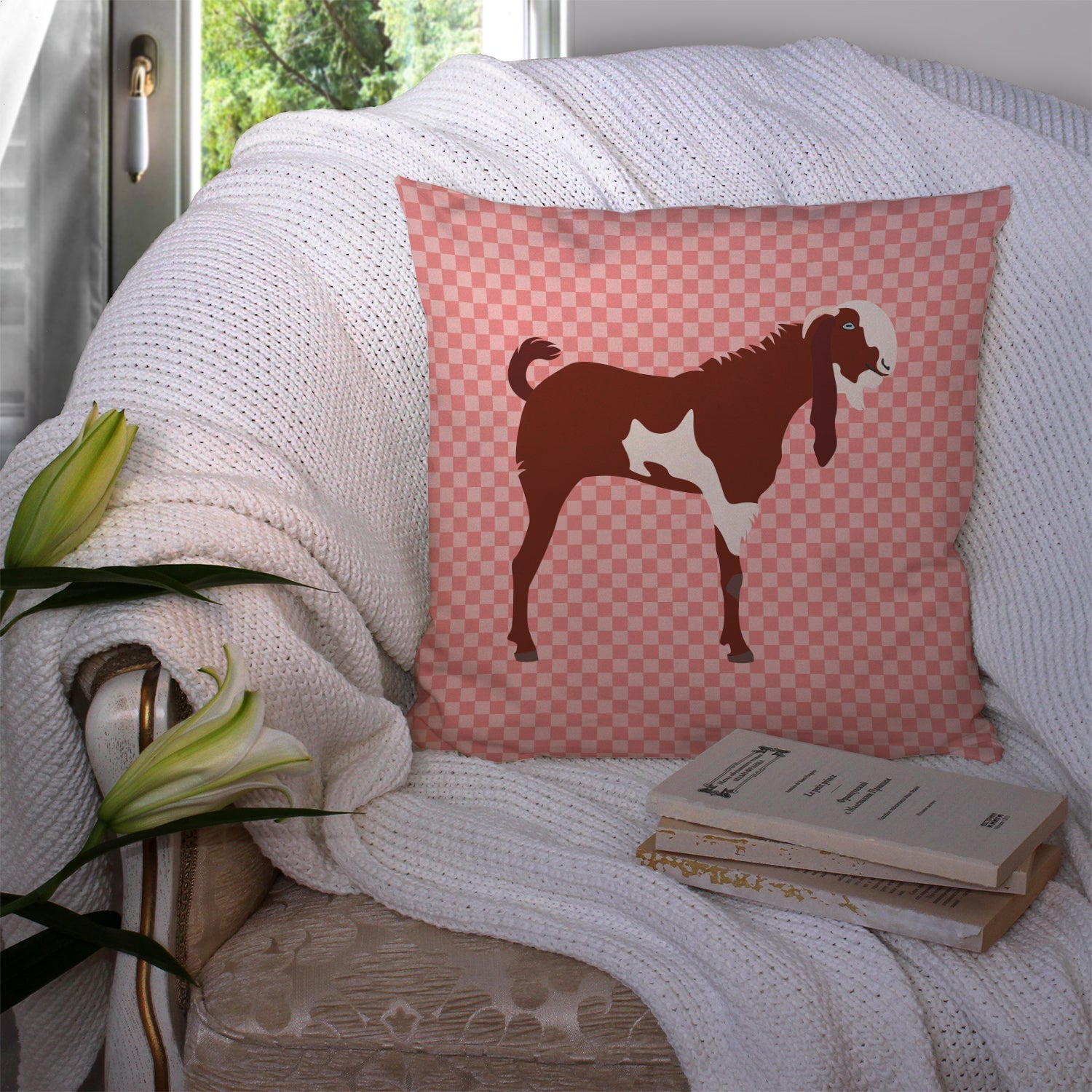 Jamnapari Goat Pink Check Decorative Throw Pillow 14x14 Indoor Outdoor Accent Cushion, Fabric Cover with Insert for Sofa, Bed, Porch & Living Room