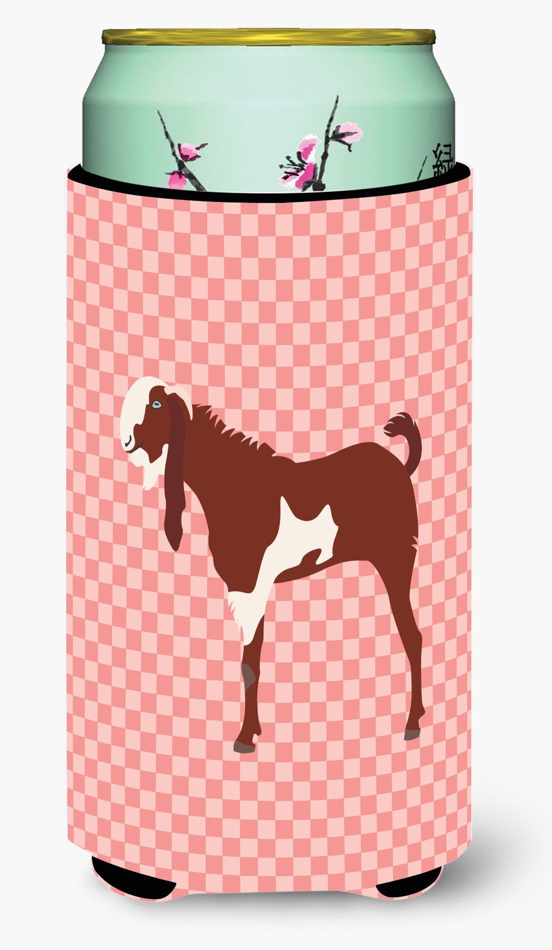 Jamnapari Goat Pink Check Tall Boy Hugger Can Cooler Sleeve Machine Washable Drink Collapsible Insulator Beverage Insulated Holder