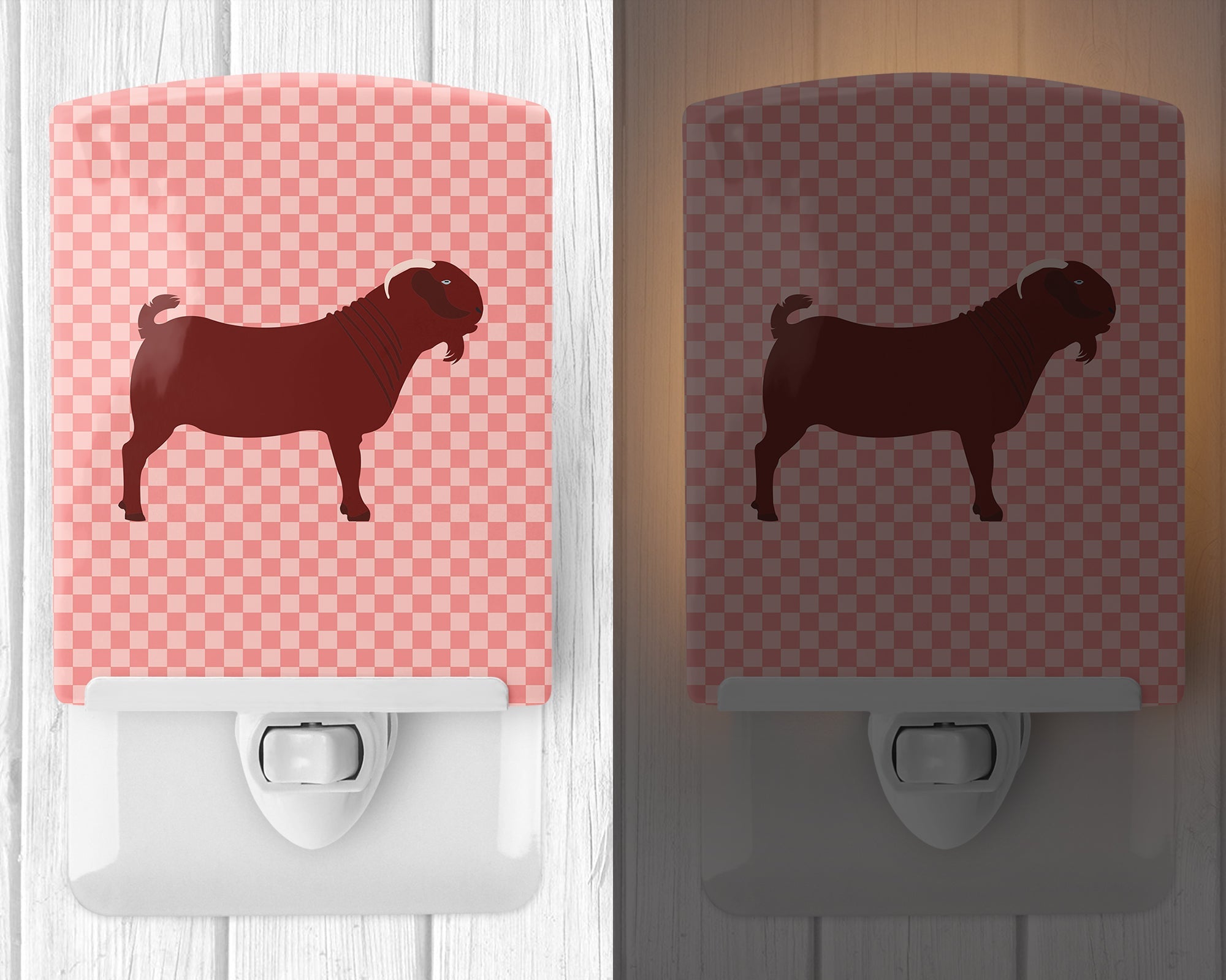 Kalahari Red Goat Pink Check Ceramic Night Light Compact, UL-Certified, Ideal for Bedroom, Bathroom, Nursery, Hallway, Kitchen, 6x4x3, Multicolor