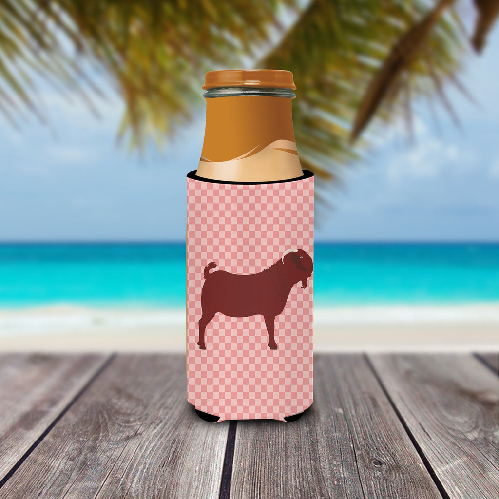 Kalahari Red Goat Pink Check Slim Can Hugger , Insulated Foam Hugger for 12 oz Slim Cans, Beer Bottles & Water Bottles, Printed in USA