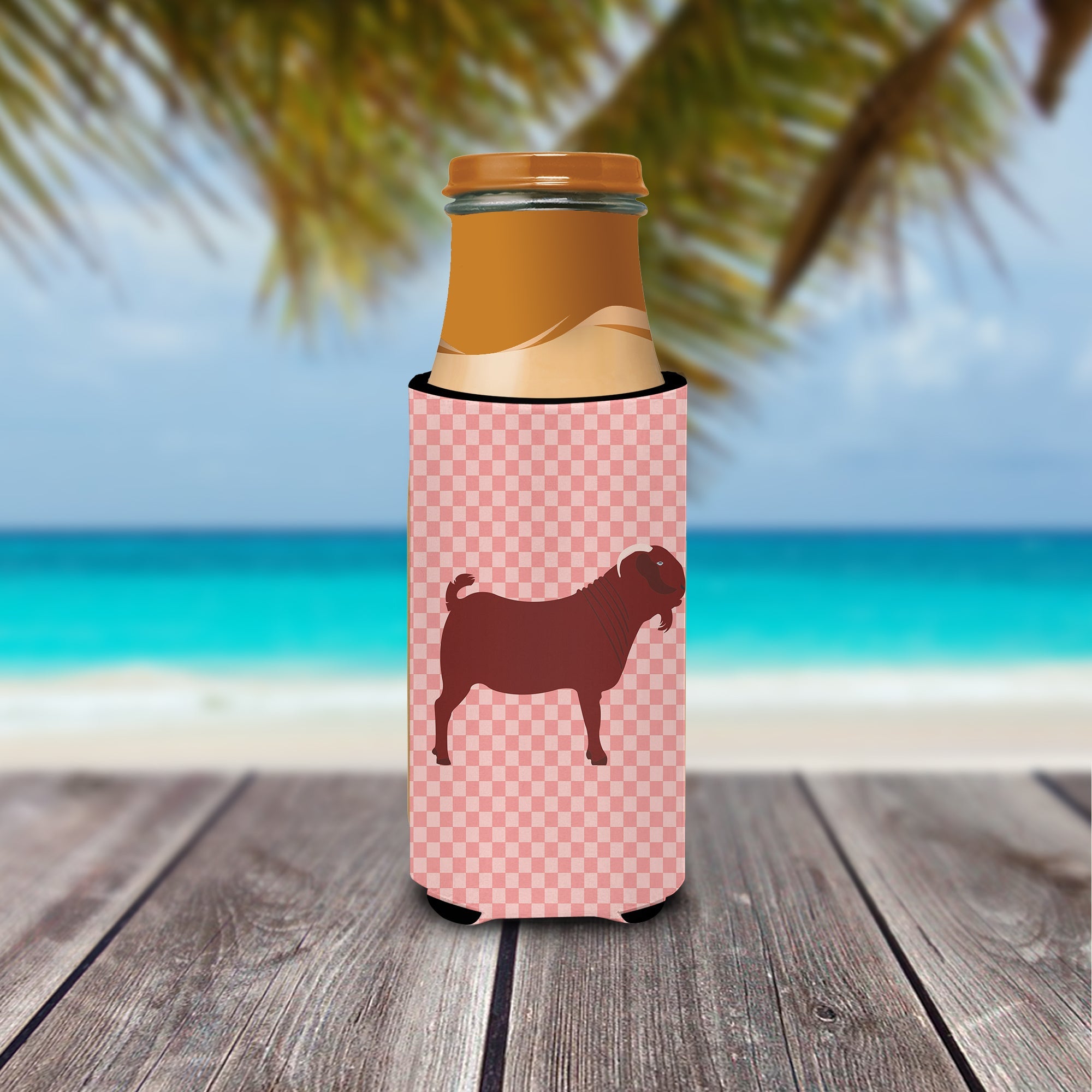 Kalahari Red Goat Pink Check Slim Can Hugger , Insulated Foam Hugger for 12 oz Slim Cans, Beer Bottles & Water Bottles, Printed in USA