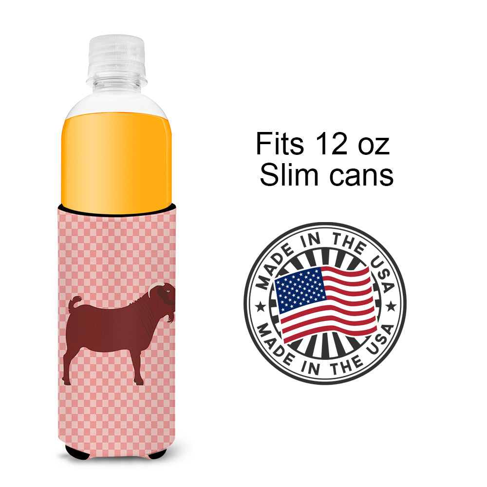 Kalahari Red Goat Pink Check Slim Can Hugger , Insulated Foam Hugger for 12 oz Slim Cans, Beer Bottles & Water Bottles, Printed in USA