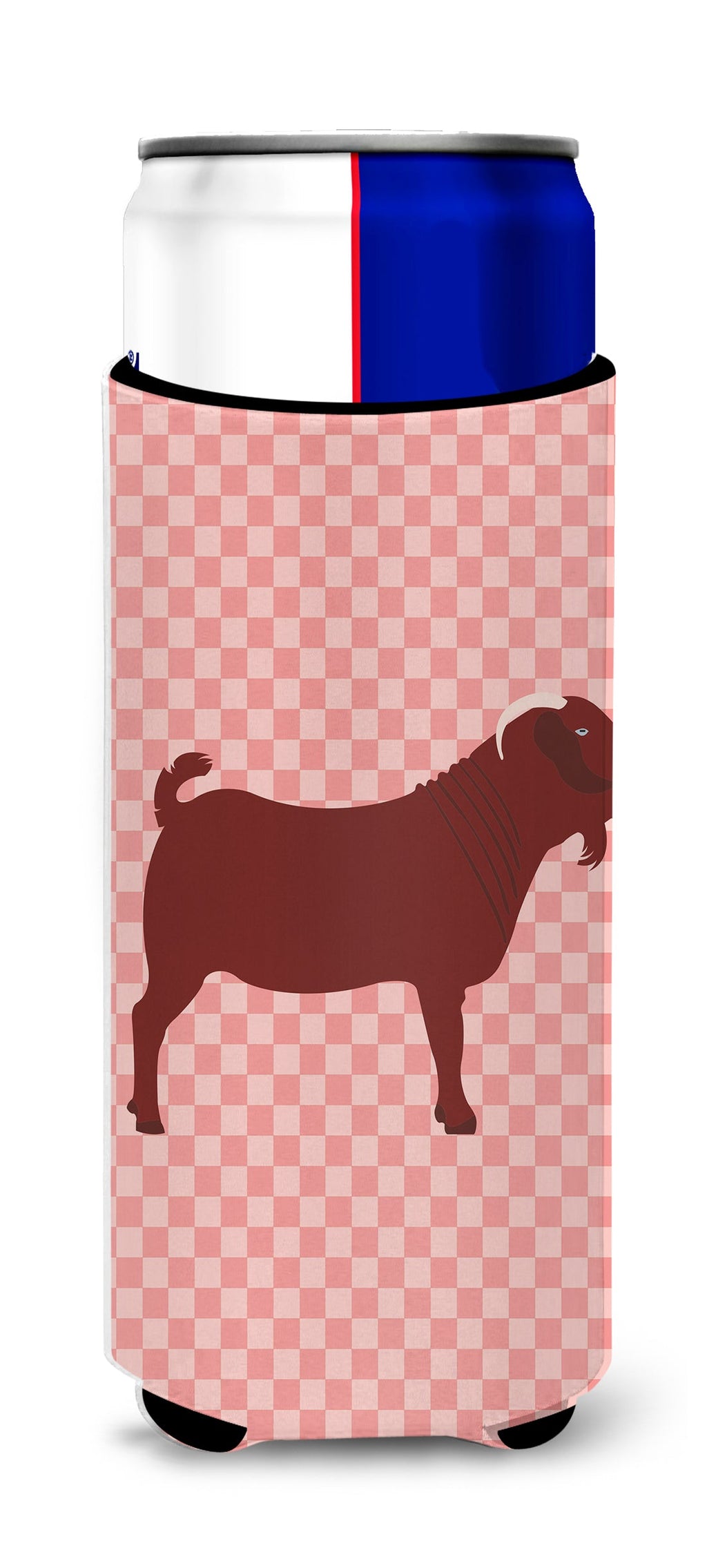 Kalahari Red Goat Pink Check Slim Can Hugger , Insulated Foam Hugger for 12 oz Slim Cans, Beer Bottles & Water Bottles, Printed in USA