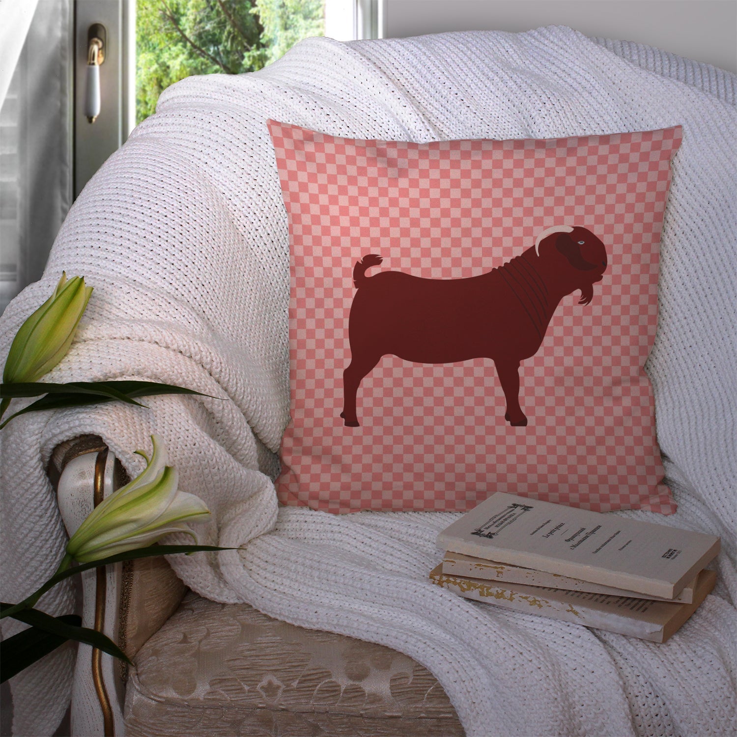 Kalahari Red Goat Pink Check Decorative Throw Pillow 14x14 Indoor Outdoor Accent Cushion, Fabric Cover with Insert for Sofa, Bed, Porch & Living Room
