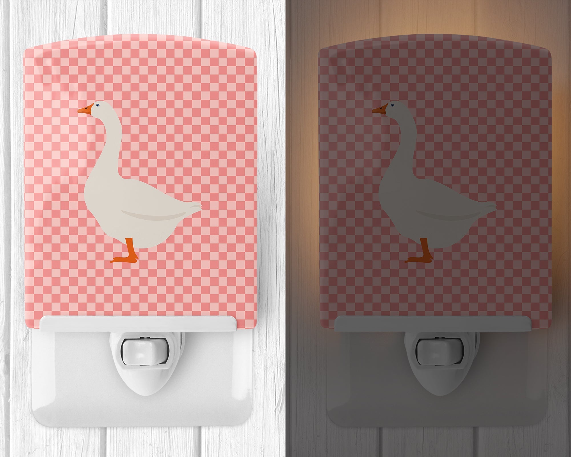 Embden Goose Pink Check Ceramic Night Light Compact, UL-Certified, Ideal for Bedroom, Bathroom, Nursery, Hallway, Kitchen, 6x4x3, Multicolor