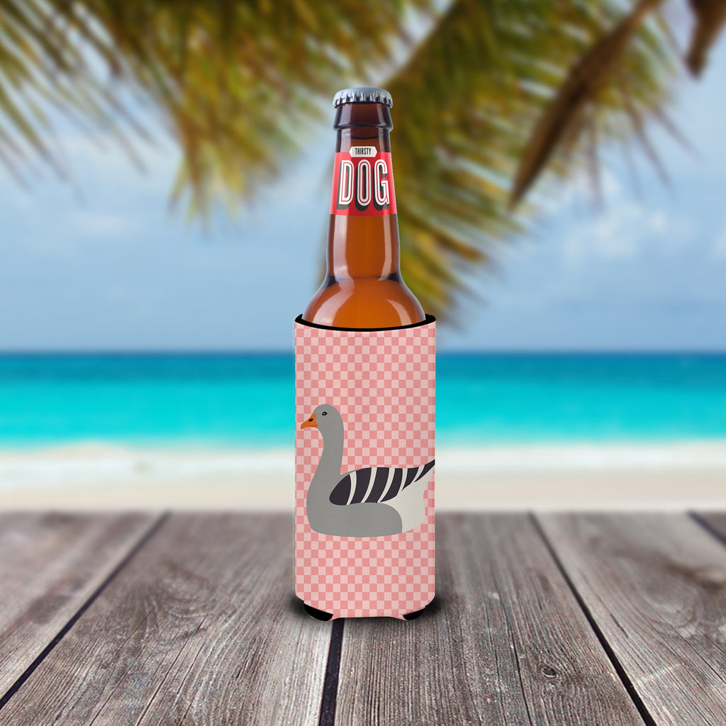 Pilgrim Goose Pink Check Slim Can Hugger , Insulated Foam Hugger for 12 oz Slim Cans, Beer Bottles & Water Bottles, Printed in USA