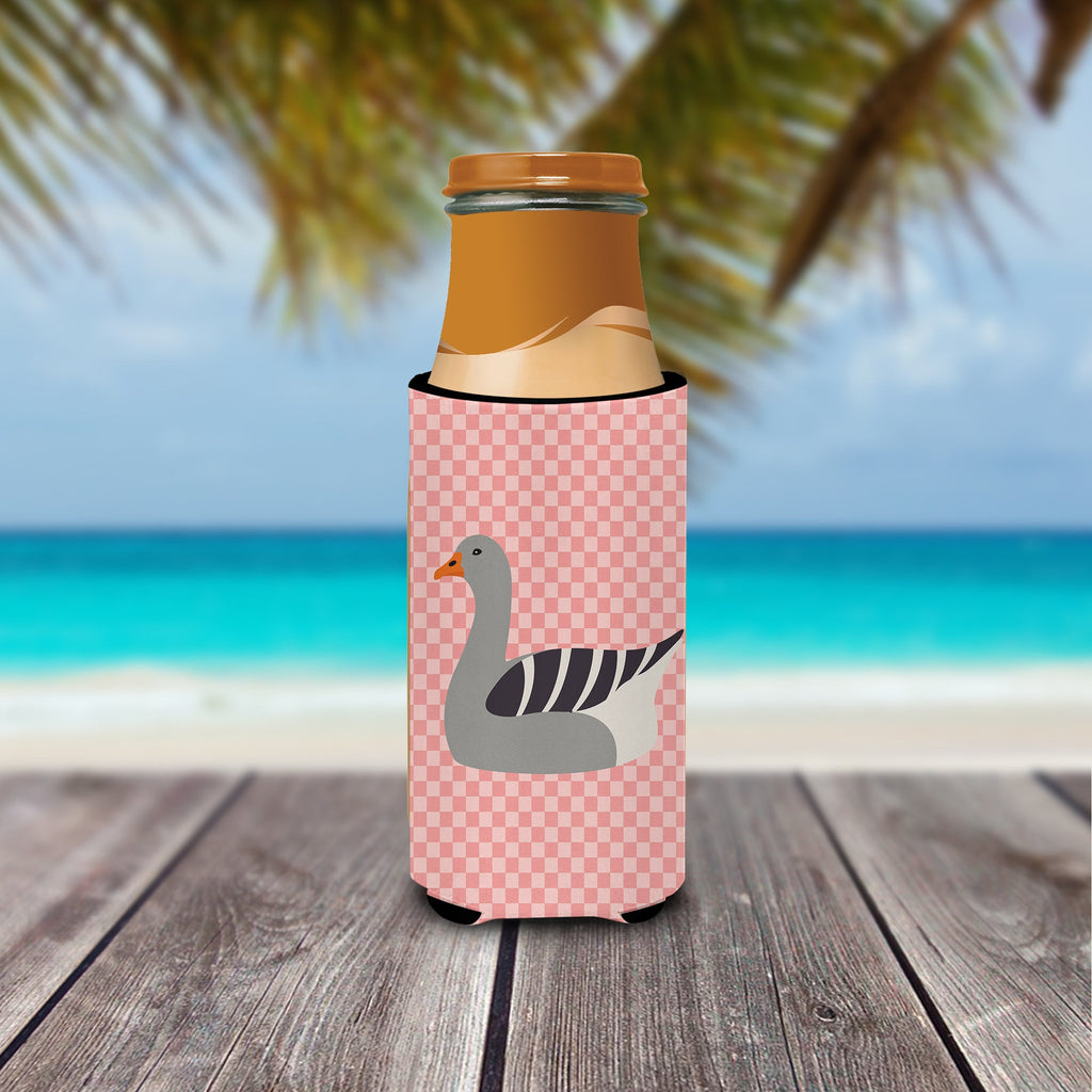 Pilgrim Goose Pink Check Slim Can Hugger , Insulated Foam Hugger for 12 oz Slim Cans, Beer Bottles & Water Bottles, Printed in USA