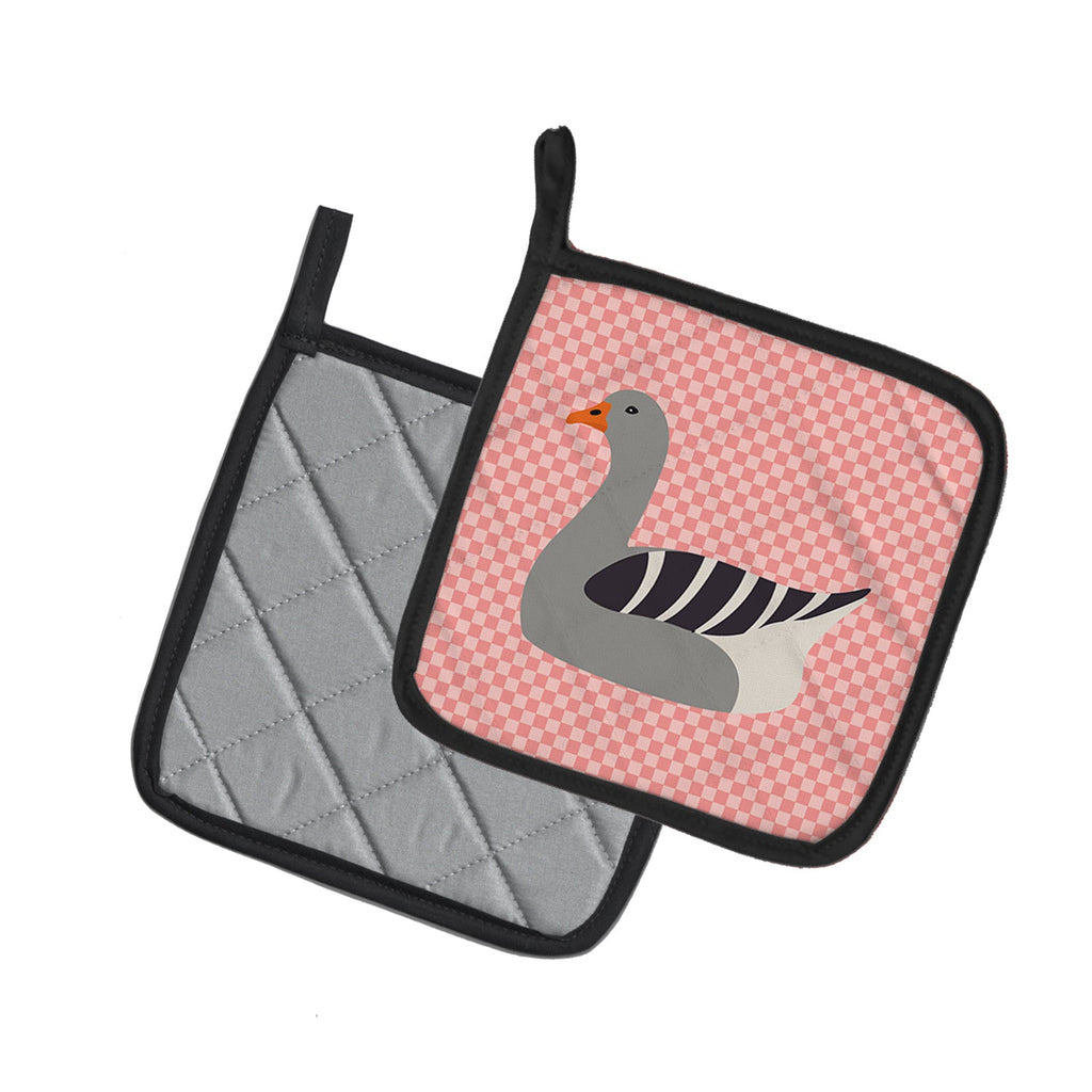 Pilgrim Goose Pink Check Pot Holder Set of 2 Heat Resistant Quilted Hot Pads 7.5 x 7.5 Inch, Insulated Kitchen Trivets for Cooking & Baking