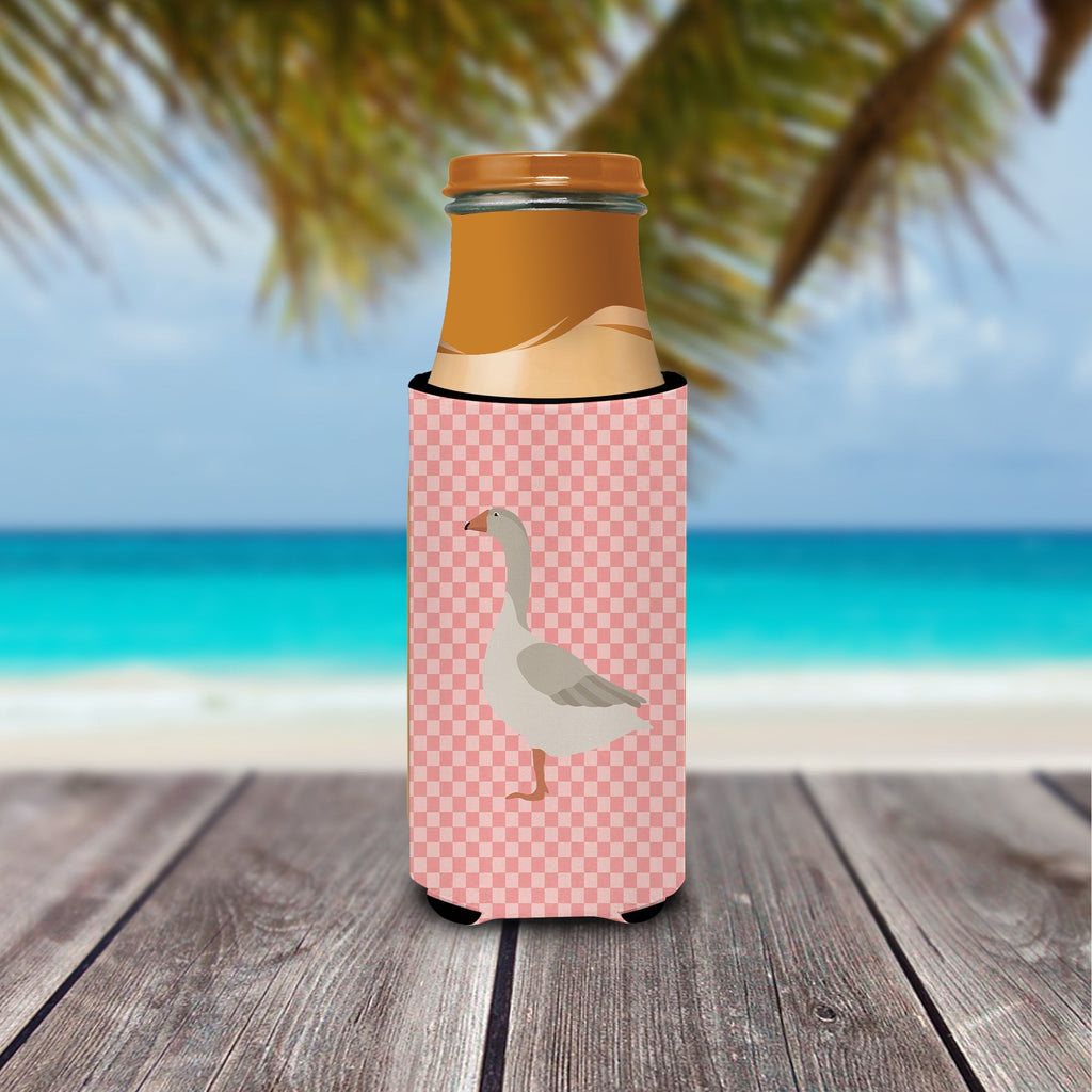 Steinbacher Goose Pink Check Slim Can Hugger , Insulated Foam Hugger for 12 oz Slim Cans, Beer Bottles & Water Bottles, Printed in USA