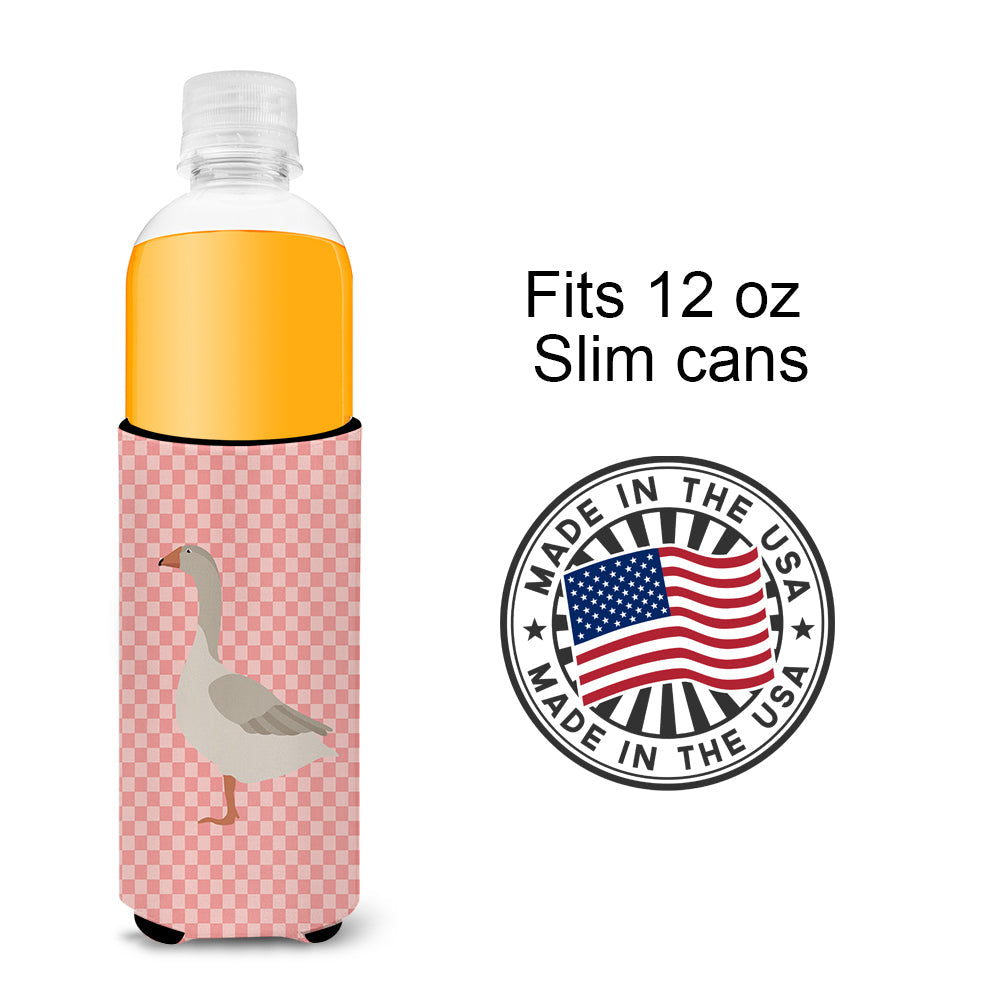 Steinbacher Goose Pink Check Slim Can Hugger , Insulated Foam Hugger for 12 oz Slim Cans, Beer Bottles & Water Bottles, Printed in USA