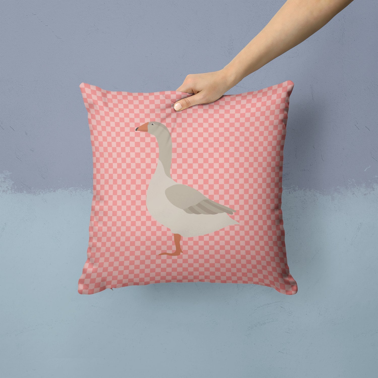 Steinbacher Goose Pink Check Decorative Throw Pillow 14x14 Indoor Outdoor Accent Cushion, Fabric Cover with Insert for Sofa, Bed, Porch & Living Room