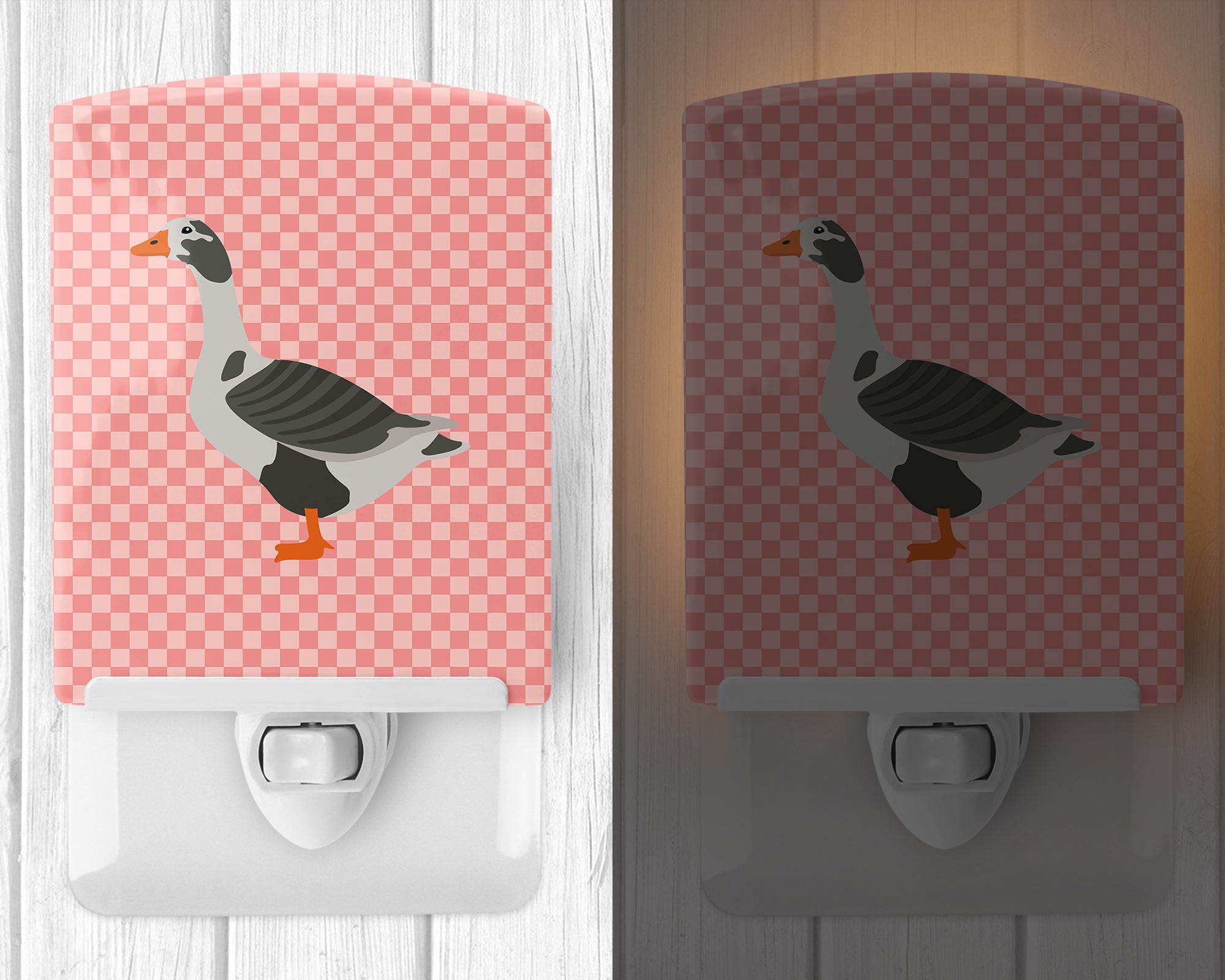 West of England Goose Pink Check Ceramic Night Light Compact, UL-Certified, Ideal for Bedroom, Bathroom, Nursery, Hallway, Kitchen, 6x4x3, Multicolor