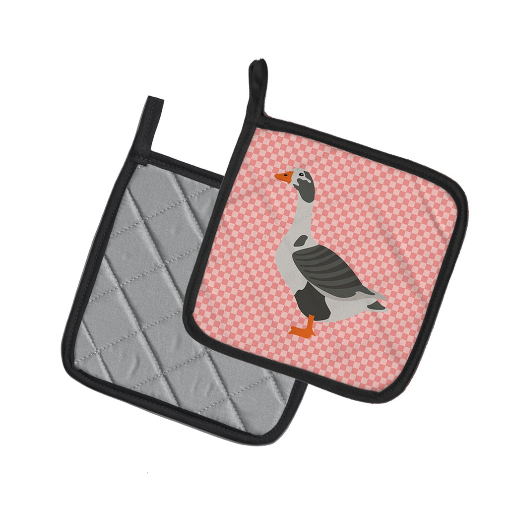West of England Goose Pink Check Pot Holder Set of 2 Heat Resistant Quilted Hot Pads 7.5 x 7.5 Inch, Insulated Kitchen Trivets for Cooking & Baking