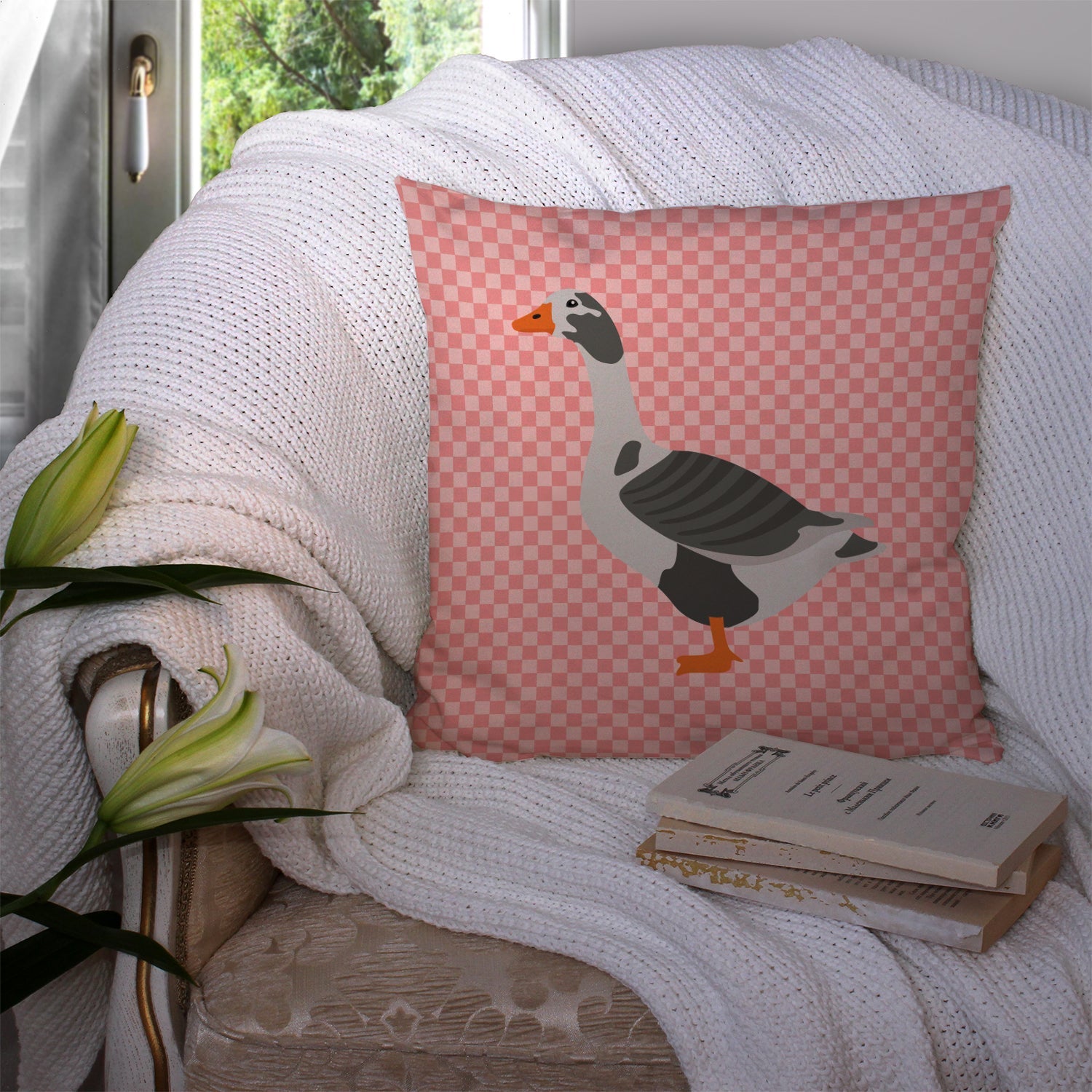 West of England Goose Pink Check Decorative Throw Pillow 14x14 Indoor Outdoor Accent Cushion, Fabric Cover with Insert for Sofa, Bed, Porch & Living Room