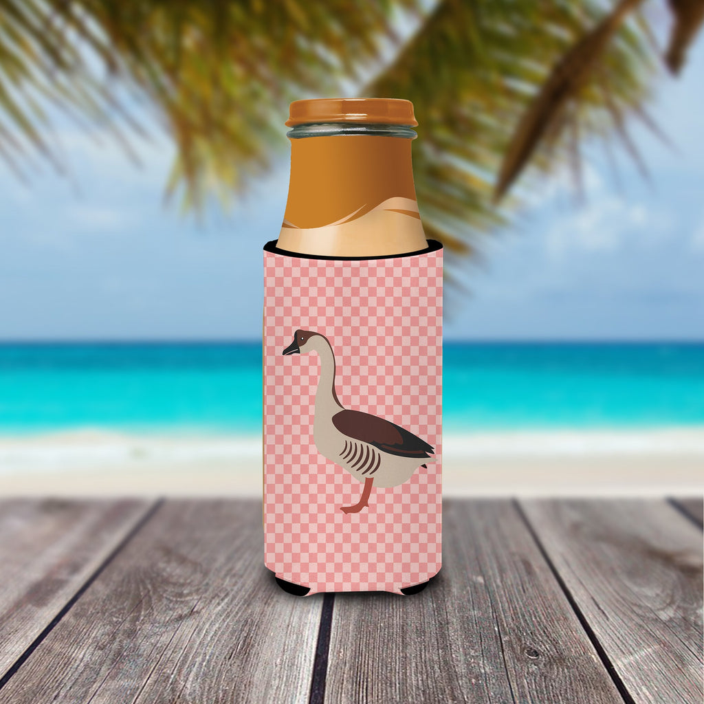 Chinese Goose Pink Check Slim Can Hugger , Insulated Foam Hugger for 12 oz Slim Cans, Beer Bottles & Water Bottles, Printed in USA